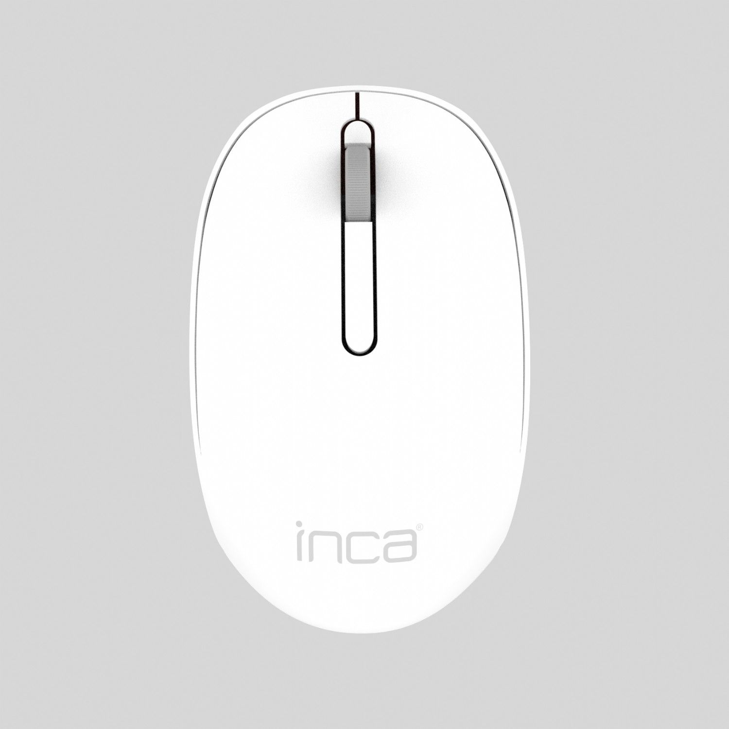 White computer mouse with black scroll wheel and Inca logo.