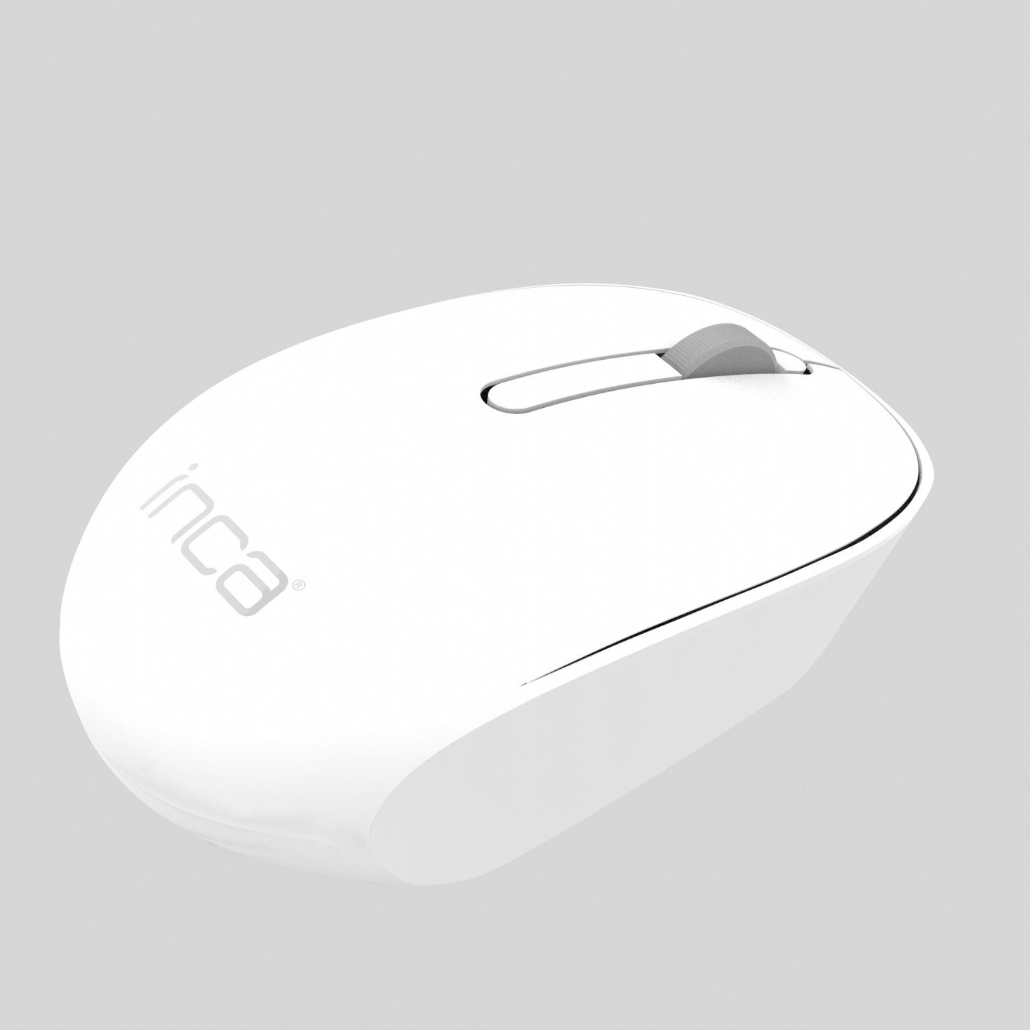 White computer mouse with the brand name 'inca' printed on the side. Gray background.