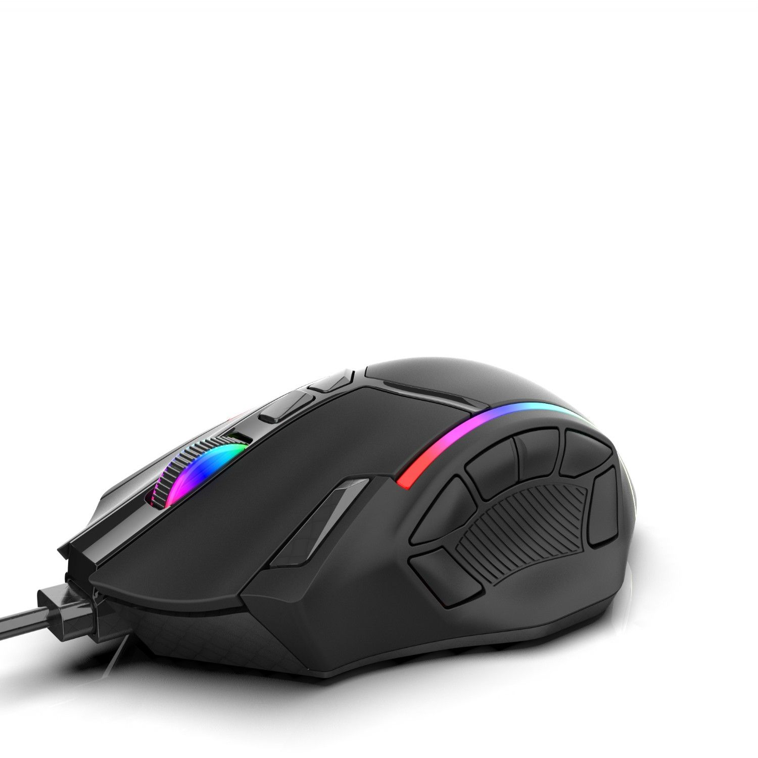 Black gaming mouse with RGB lighting on a white surface, showing buttons and cable.