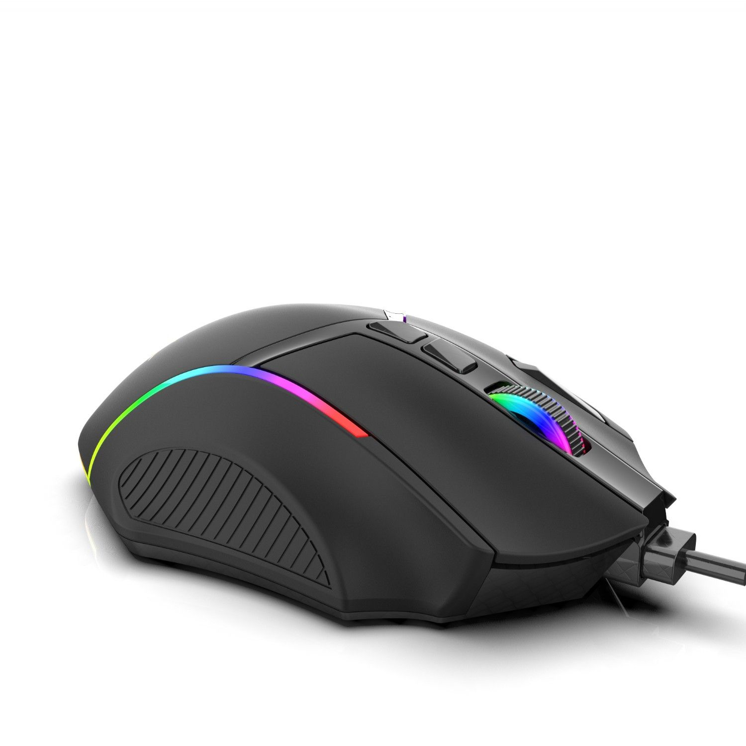 Black gaming mouse with RGB lighting. Has buttons and a cord.