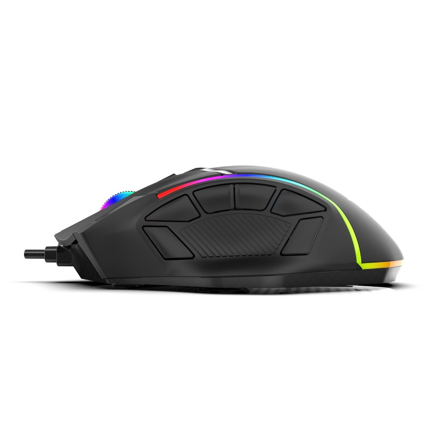 Black gaming mouse with colorful lights. Side buttons and a scroll wheel. White background.