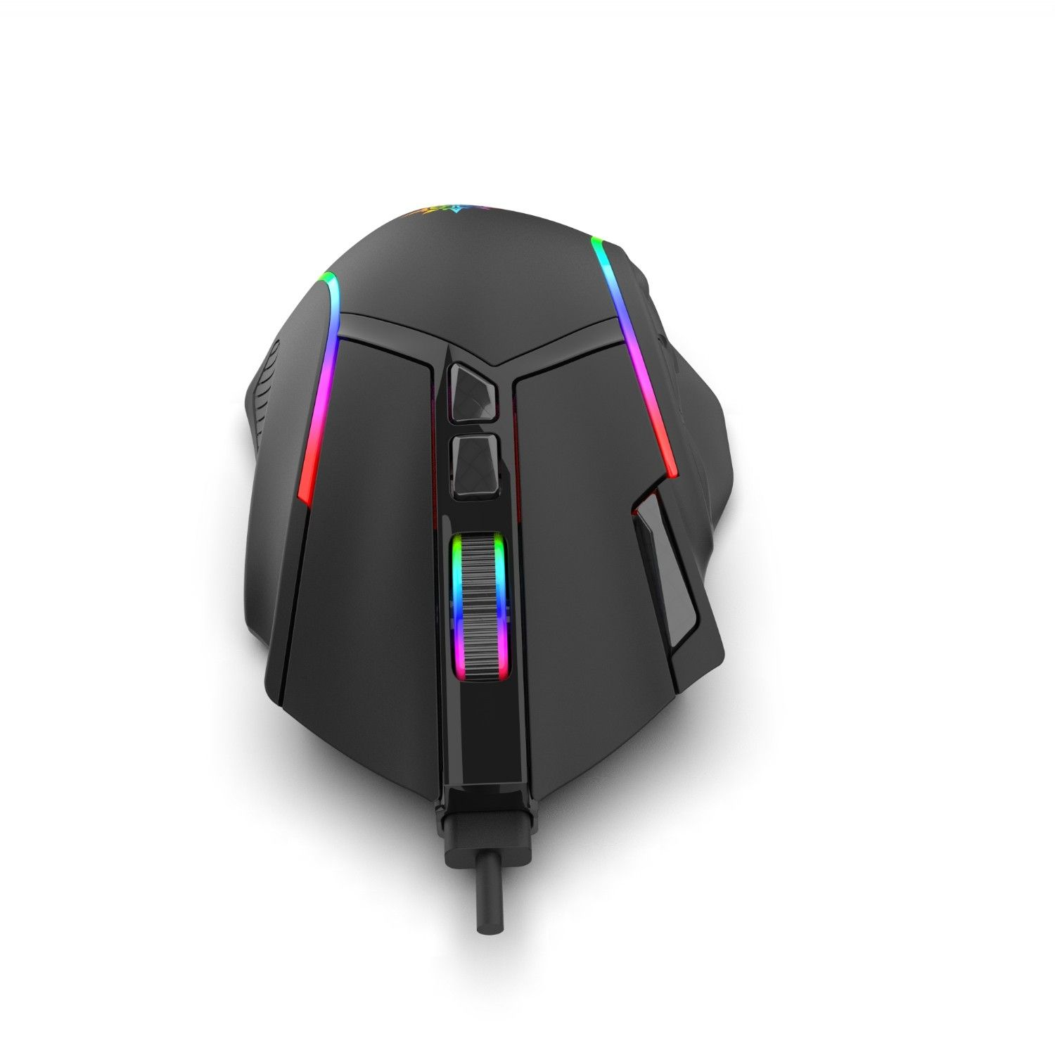 Black gaming mouse with RGB lighting, angled design, and cable.