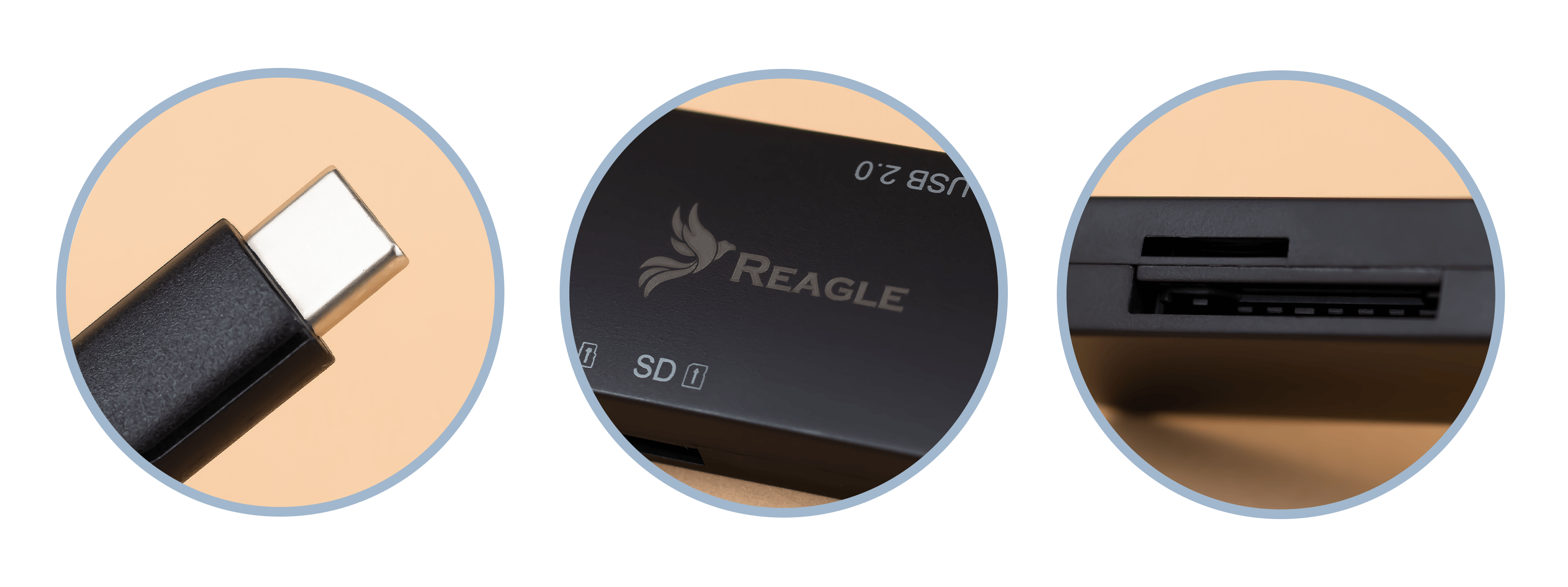 Nahaufnahme von USB-C-Stecker, Kartenleser mit Logo und SD-Kartensteckplatz.