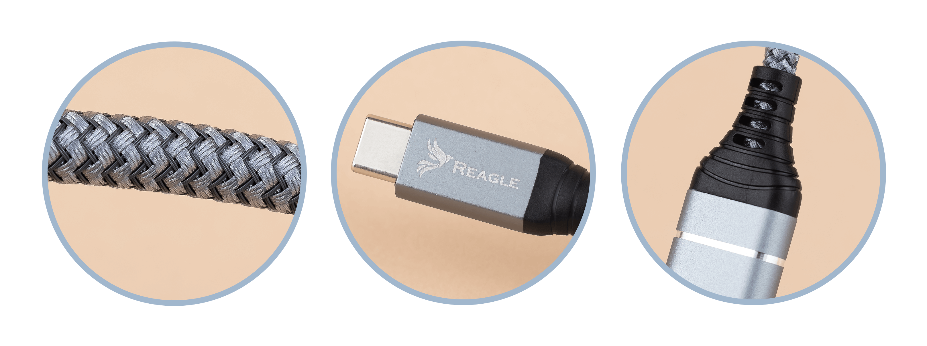 Zbliżenia na pleciony kabel USB-C i złącze. Szare i srebrne detale. Widoczna marka Reagle.