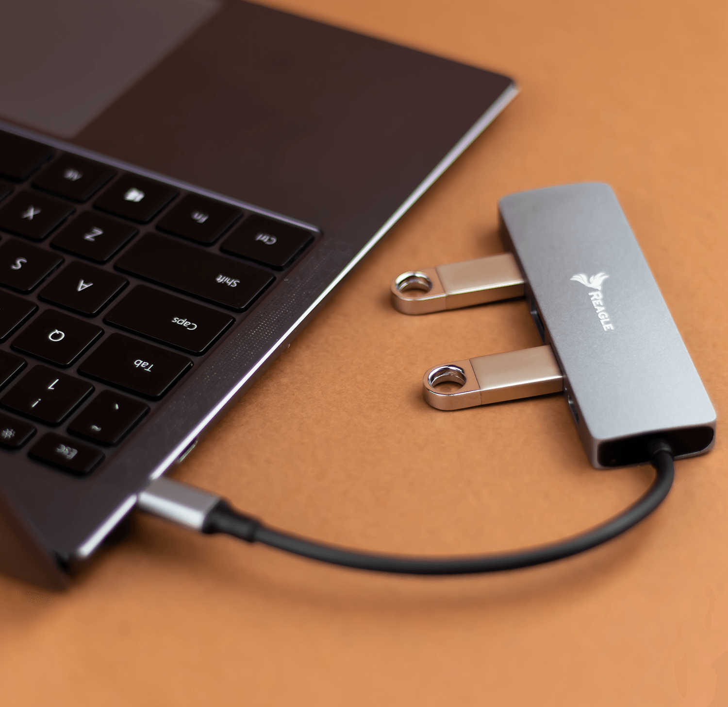 Laptop mit angeschlossenem grauem Hub. Zwei USB-Laufwerke sind an den Hub angeschlossen.