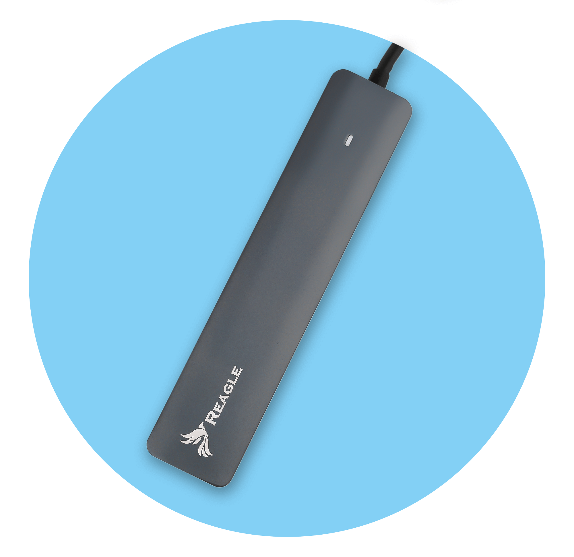 Szare prostokątne urządzenie z logo i niebieskim tłem.