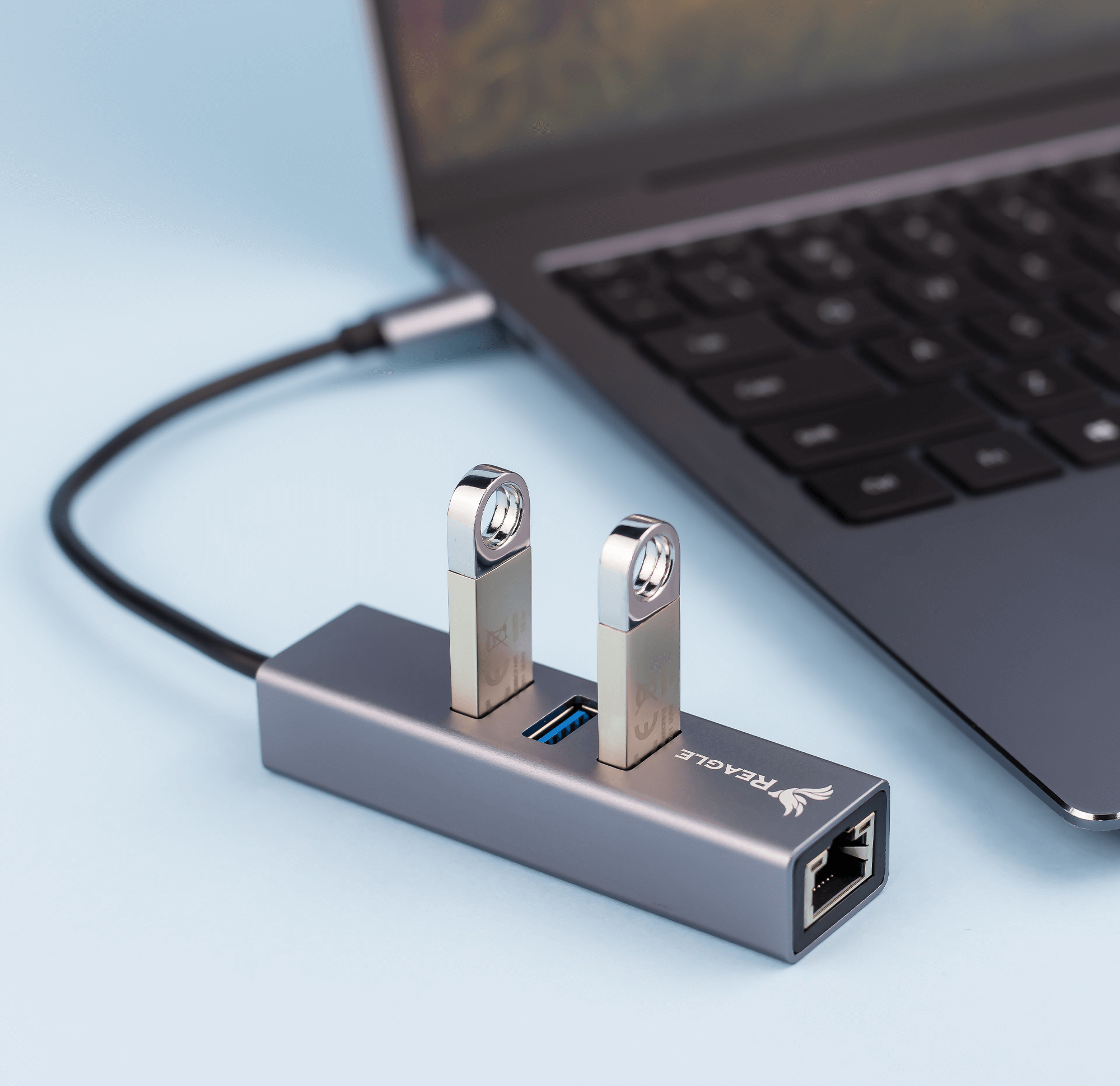 Laptop an einen Hub mit zwei USB-Laufwerken angeschlossen. Der Hub hat Anschlüsse für USB und Ethernet, er ist silber.