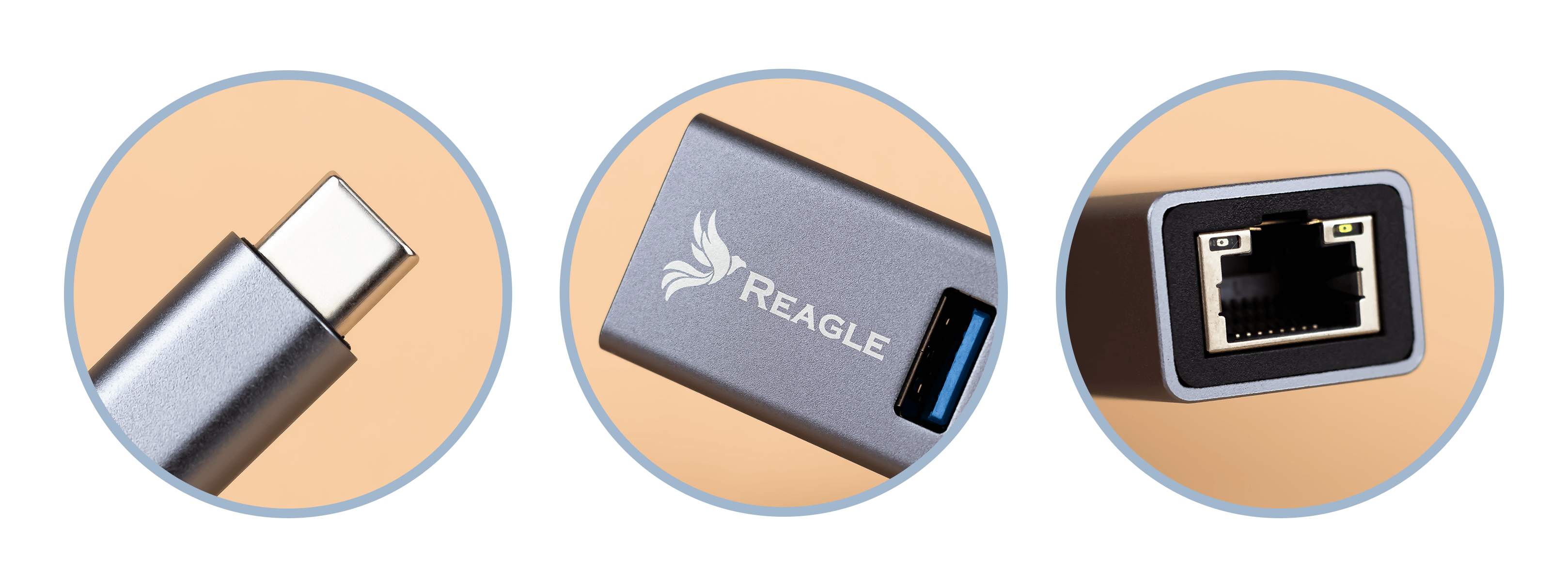 Nahaufnahmen eines USB-C-Anschlusses, eines Hubs und eines Netzwerkanschlusses, in kreisförmigen Rahmen.