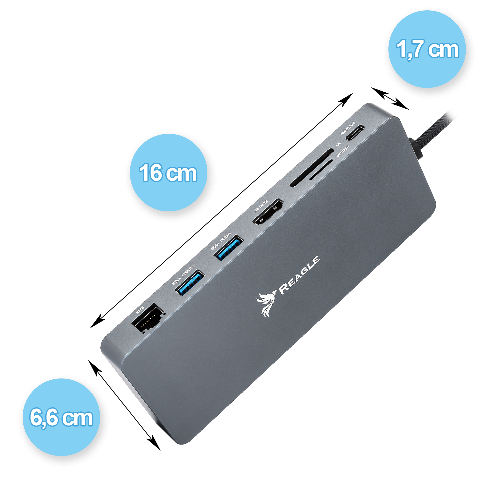 Szary hub REAGLE z wieloma portami, oznaczony wymiarami i czarnym kablem, na białym tle.
