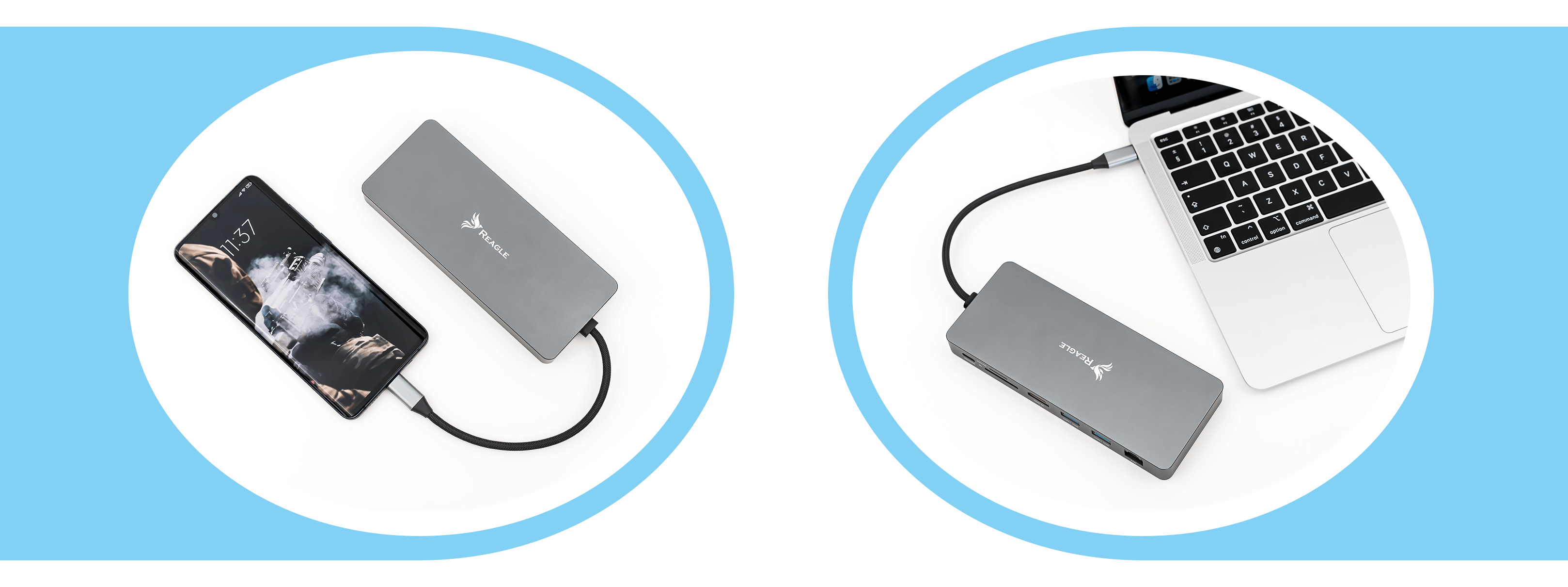 Dwa obrazy przedstawiające telefon i laptop podłączone do szarego adaptera. Tło jest jasnoniebieskie.