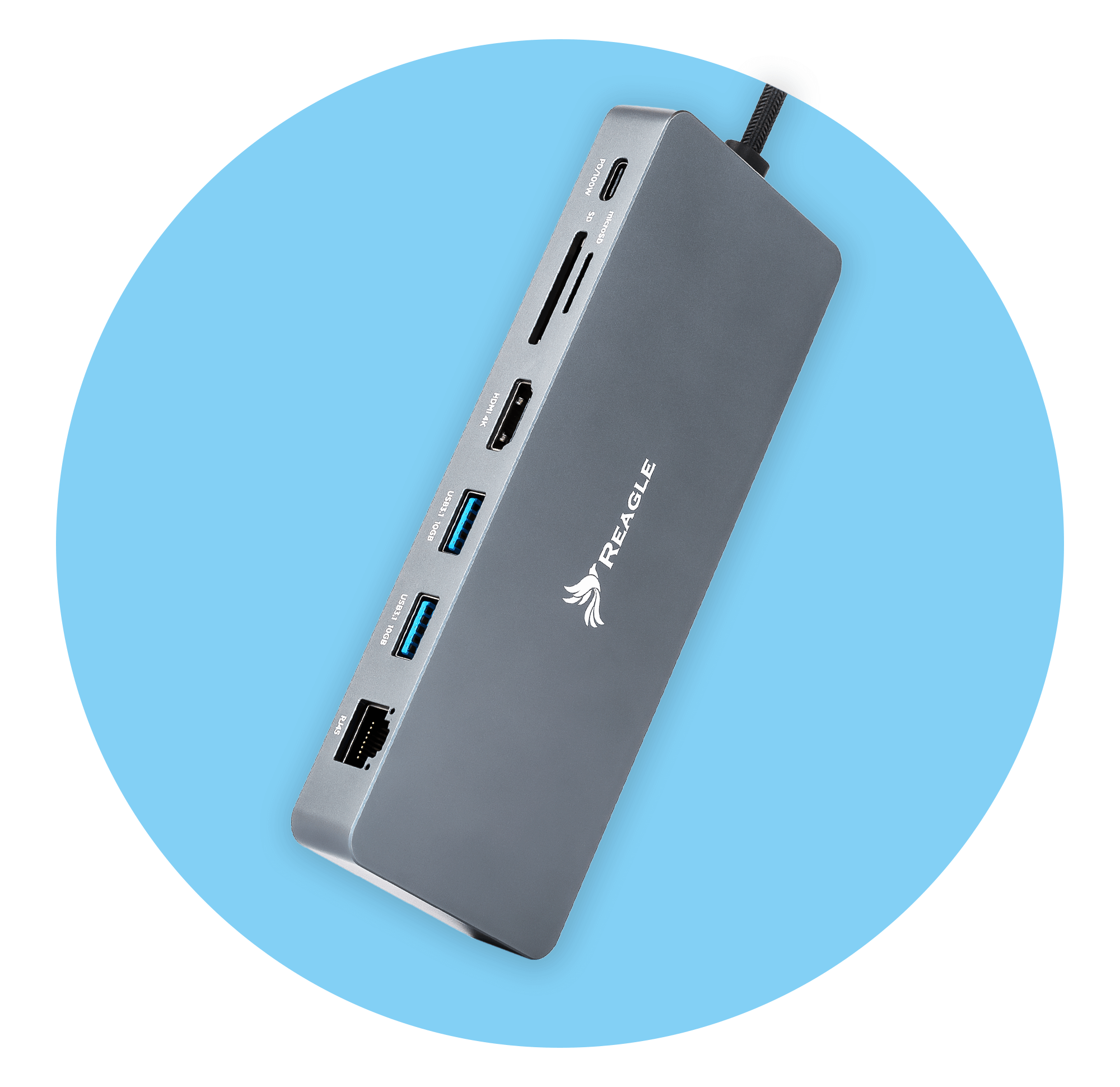 Szary hub USB Reagle z wieloma portami. Niebieskie tło, z jasnoniebieskim okręgiem wokół.