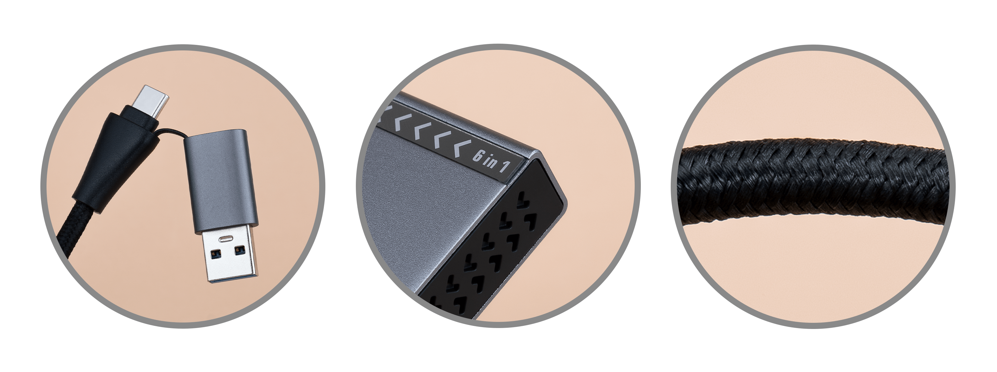 Zbliżenie wtyczek USB-C, USB i plecionego kabla w okrągłych ramkach, na beżowym tle.