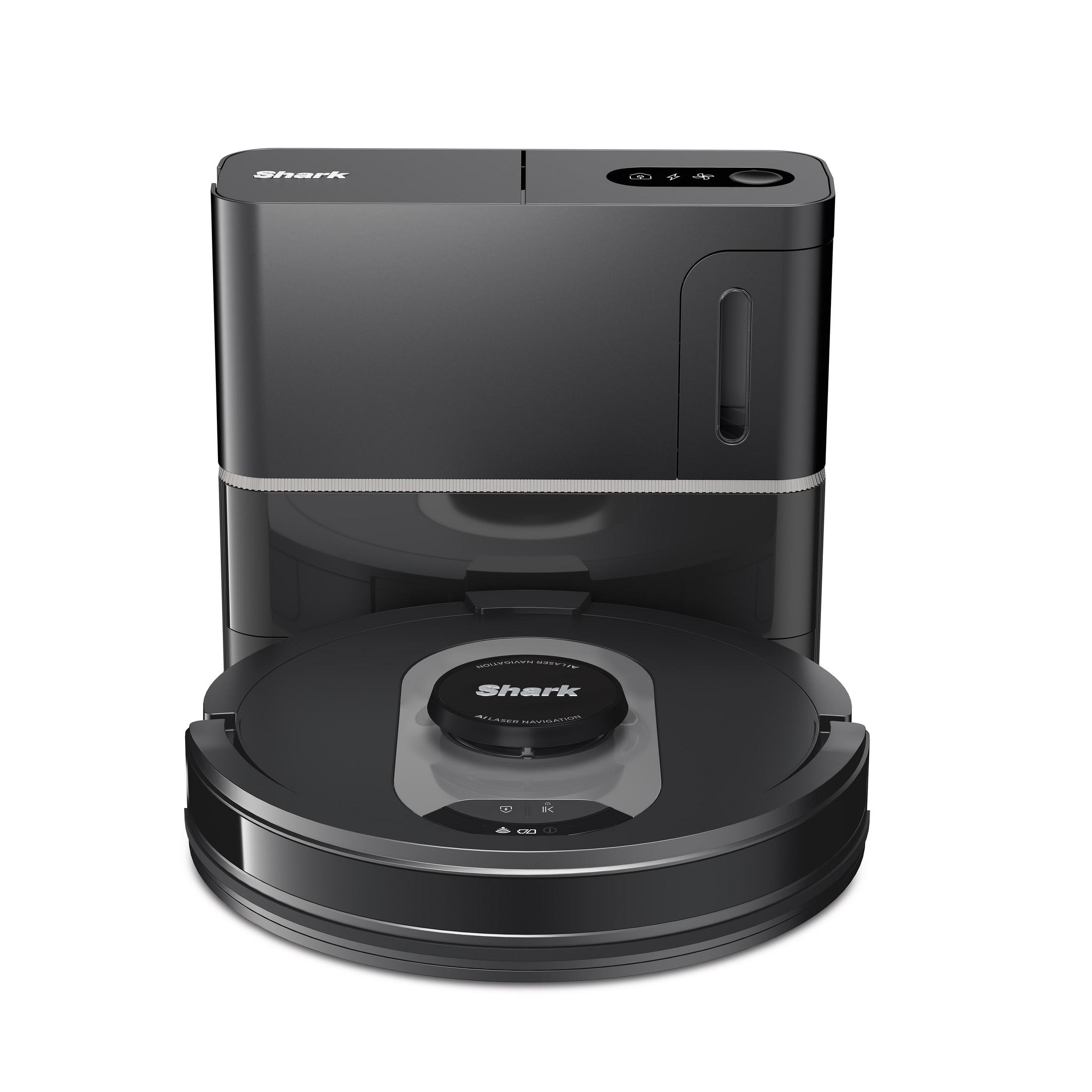 Czarny odkurzacz robot Shark. Okrągły kształt. Logo Shark. Czarno-srebrny design.