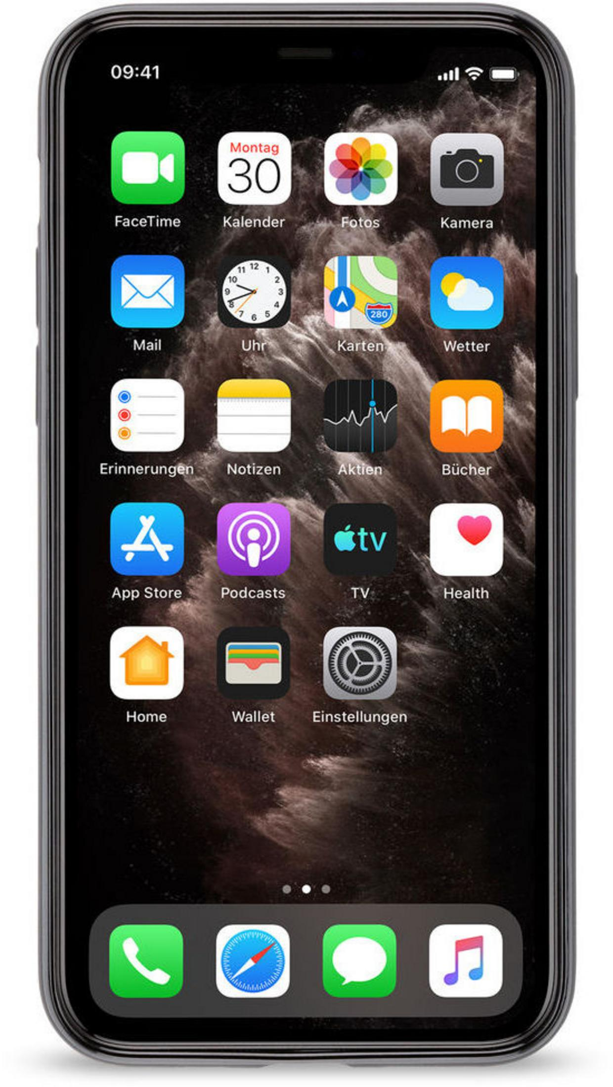 Uno schermo nero di iPhone con icone di app tedesche. L'ora è 09:41. Lo sfondo è sfocato.