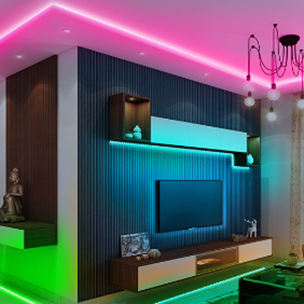Ein Raum mit Fernseher und LED-Leuchten. Rosa Deckenleuchten und blaue Wandleuchten sind vorhanden.