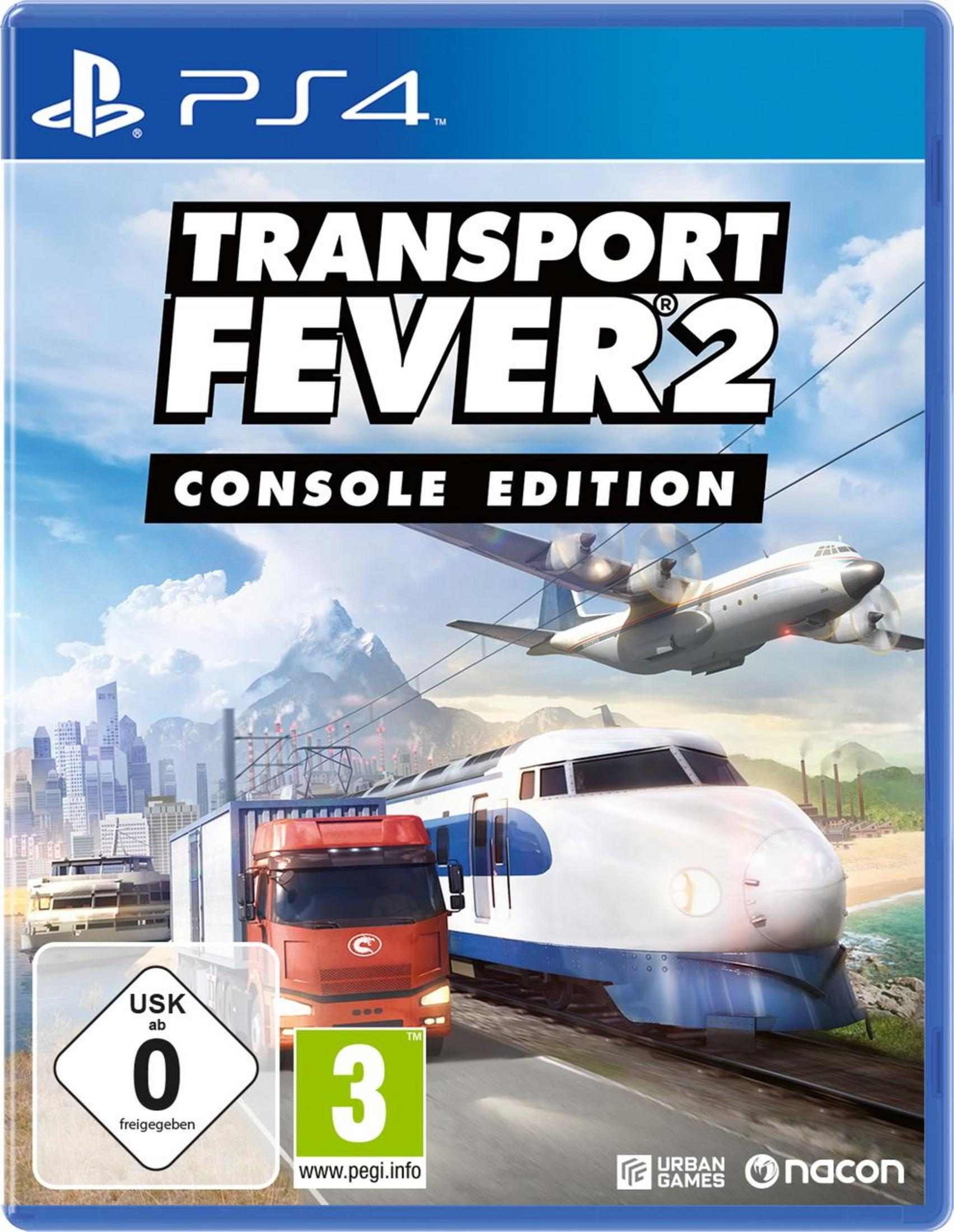 Spielcover für Transport Fever 2 Console Edition mit Zug-, LKW- und Flugzeuggrafiken.