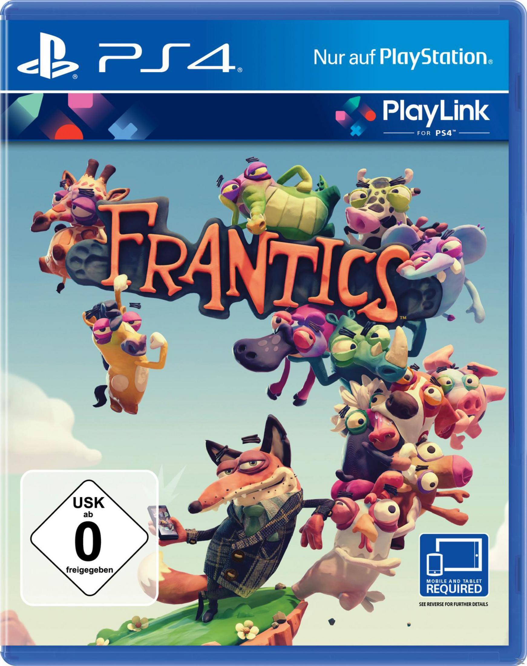 PS4-Spielcover: Frantics. Eine Cartoon-Szene mit vielen bunten Tierfiguren.