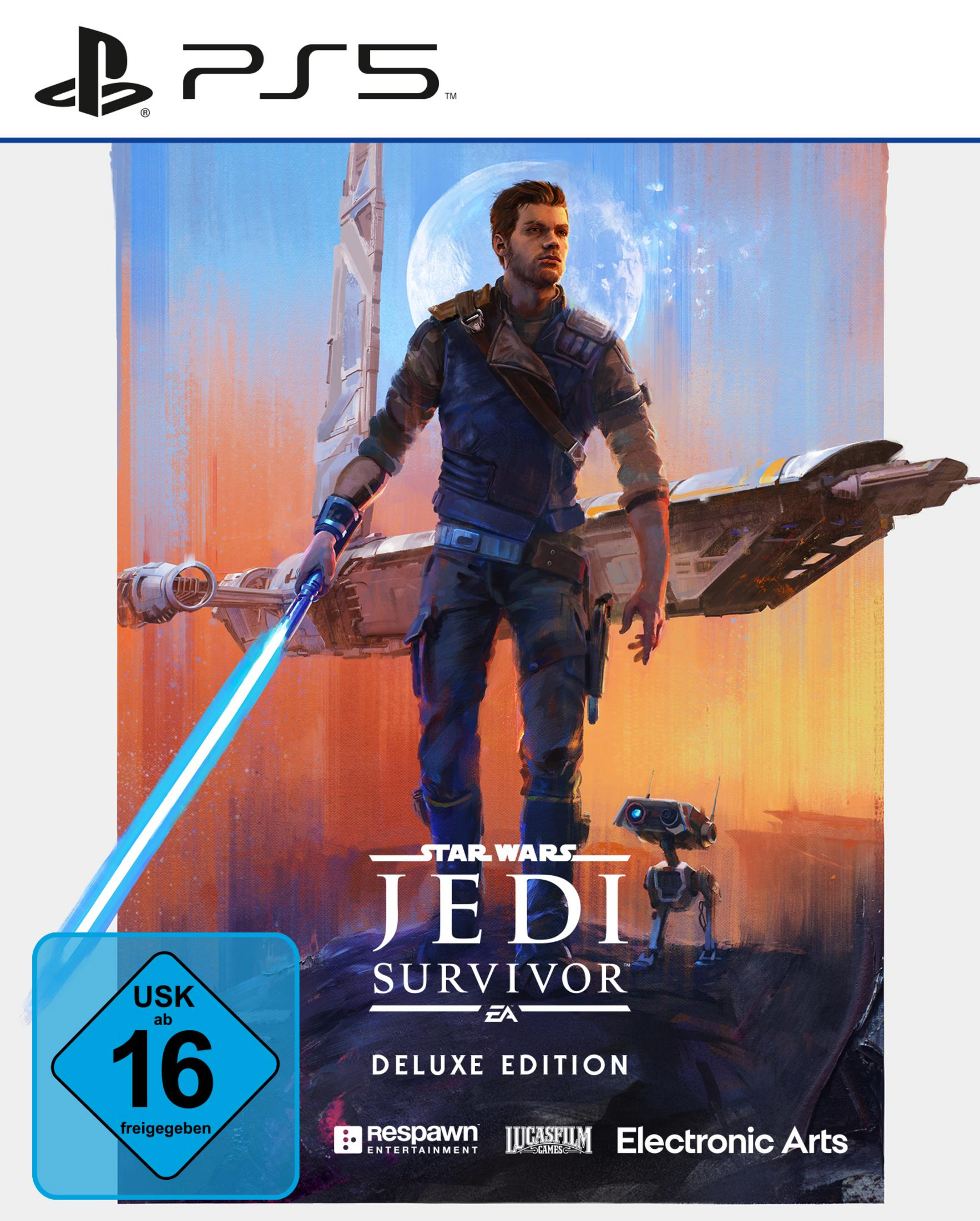 Star Wars Jedi: Survivor Spielcover mit einer Figur mit einem Lichtschwert.