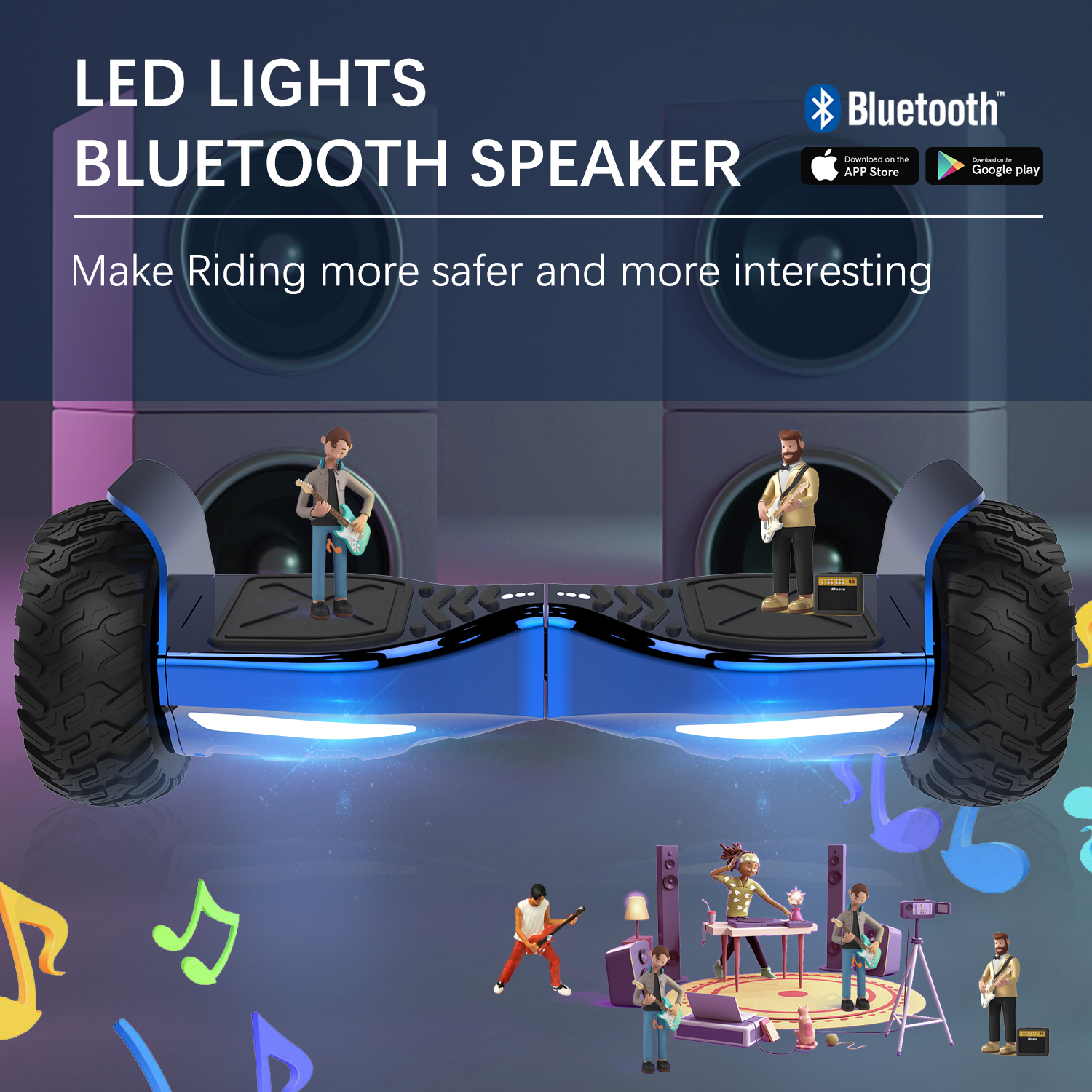 Ein blaues Hoverboard mit zwei Gitarre spielenden Figuren. Bunte Noten schweben herum.