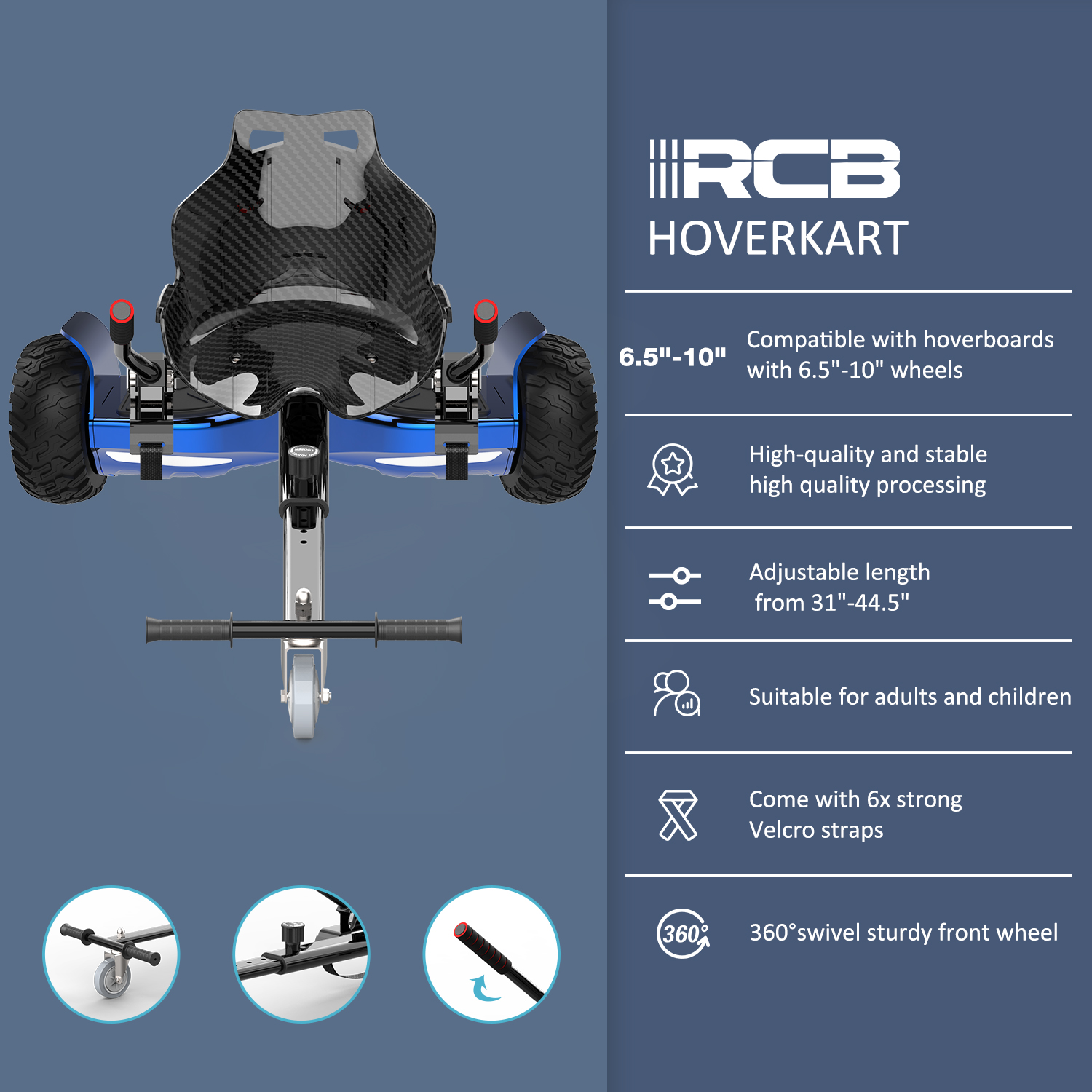 Blauer Hoverkart, Vorderansicht. Textdetails: Räder, verstellbare Länge und Klettbänder.