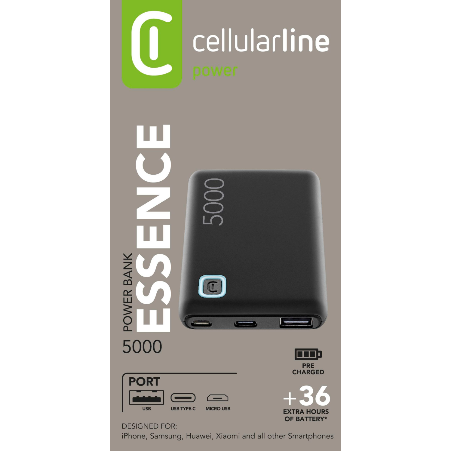 Eine schwarze Powerbank mit dem Wort ESSENCE darauf und einem weißen Design mit dem Cellularline-Logo.
