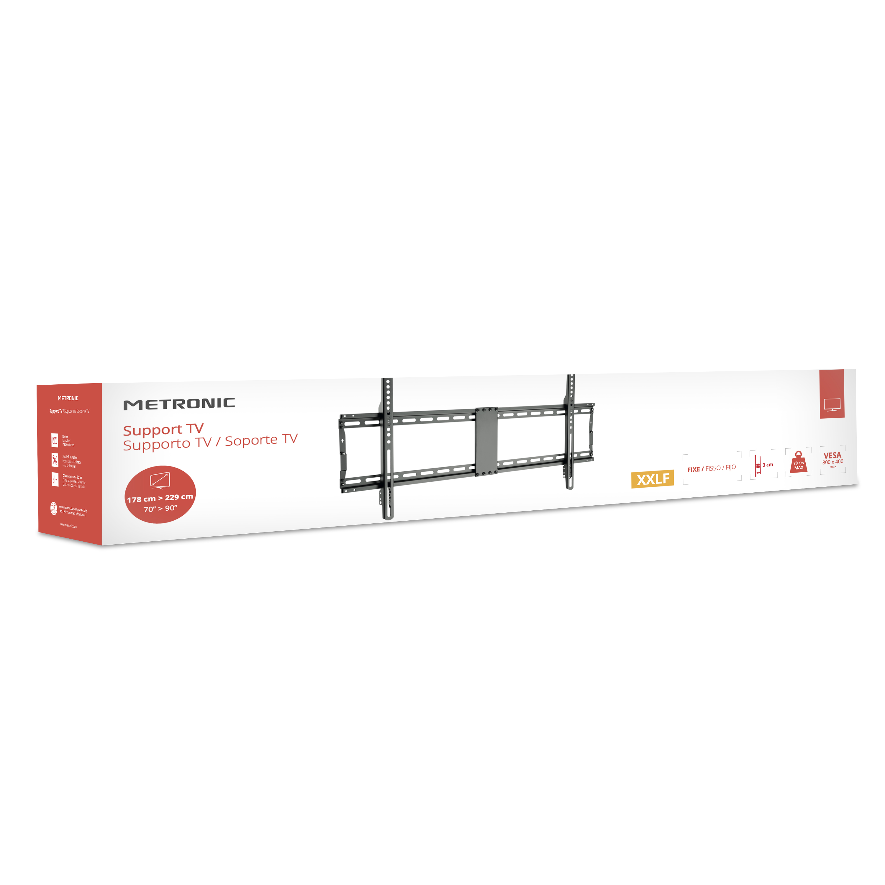 Soporte de TV en una caja, con descripción del soporte de TV.