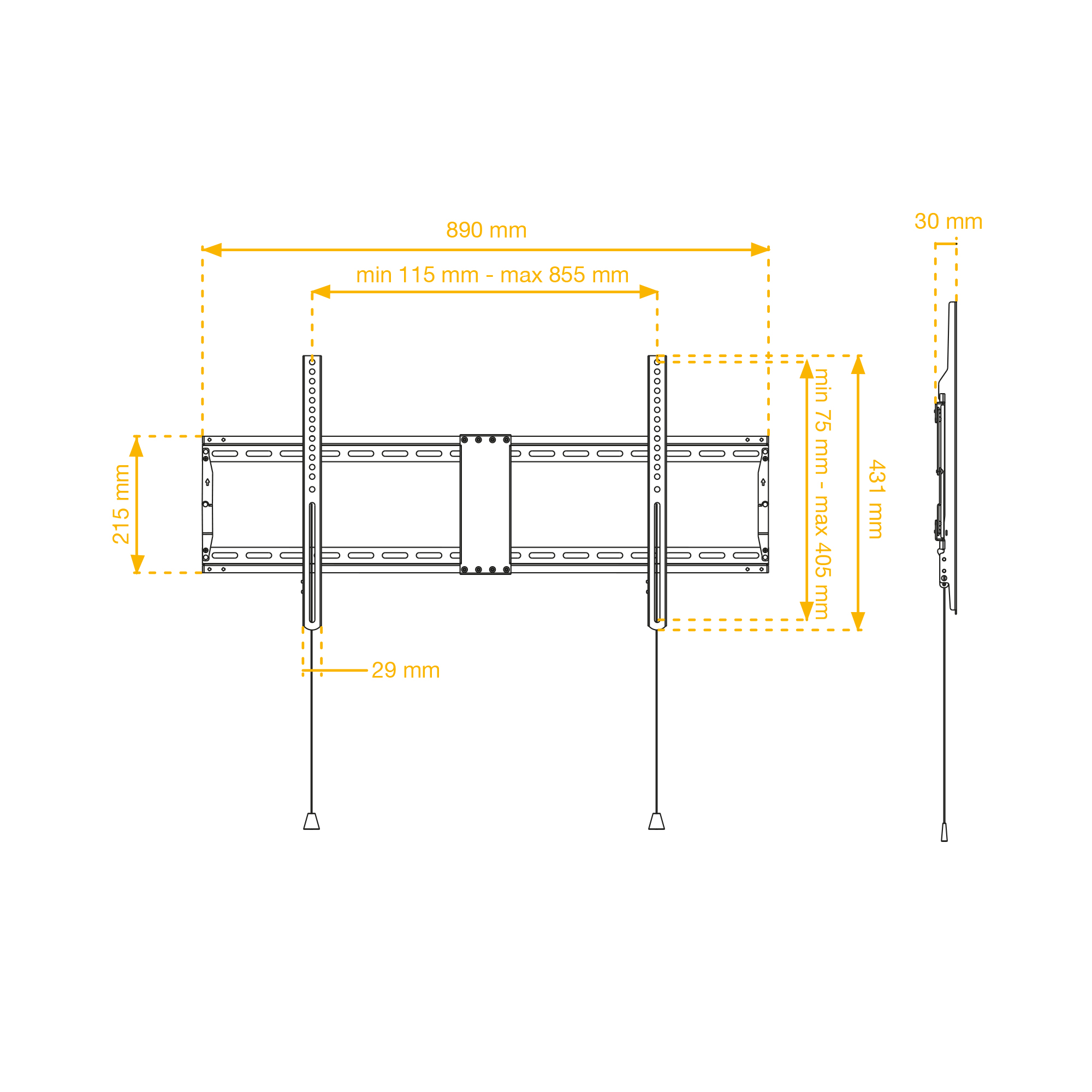 Diagrama de un soporte de TV con medidas en mm, incluyendo dimensiones y distancias.