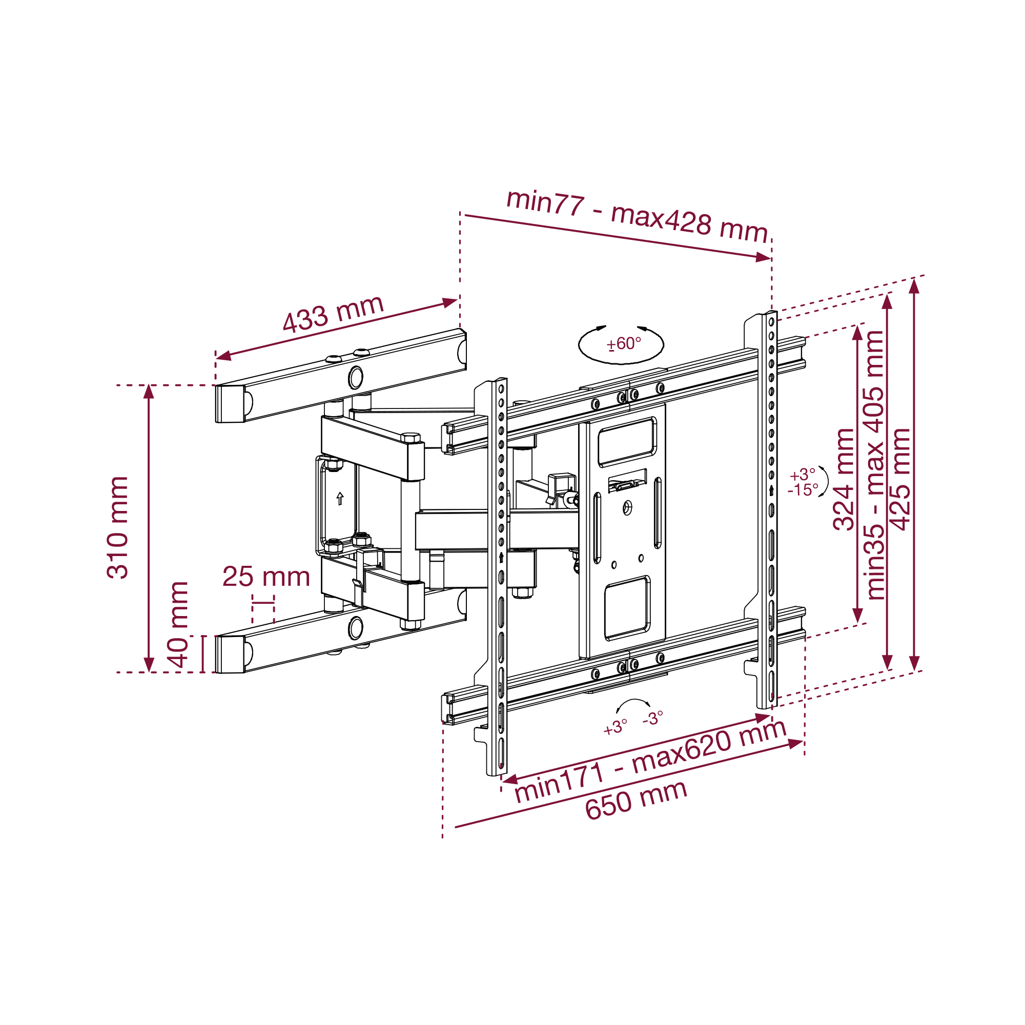 Diagrama de un soporte de TV con dimensiones y medidas en milímetros.