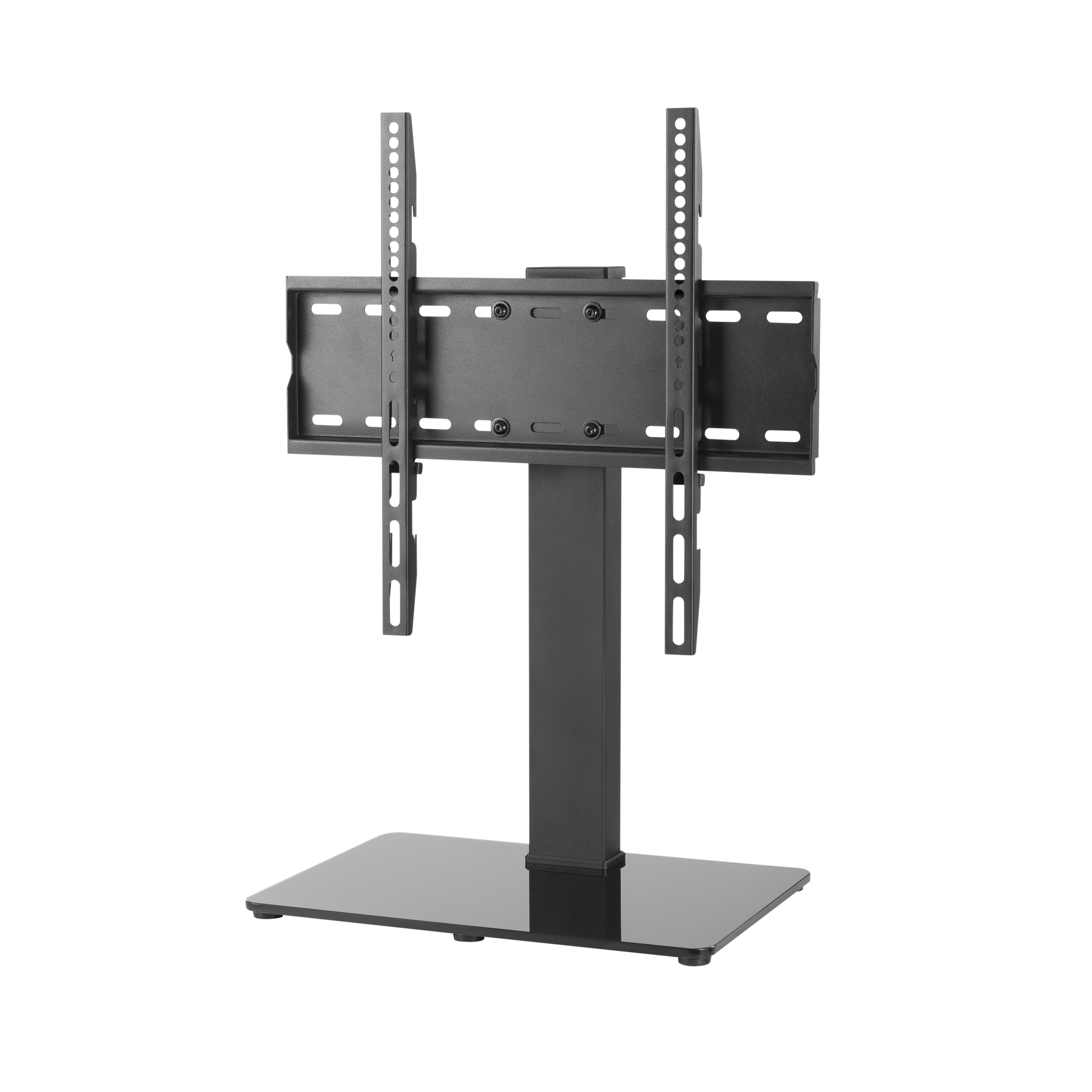 Un supporto TV nero con base in vetro nero e supporti verticali neri. Sfondo bianco.
