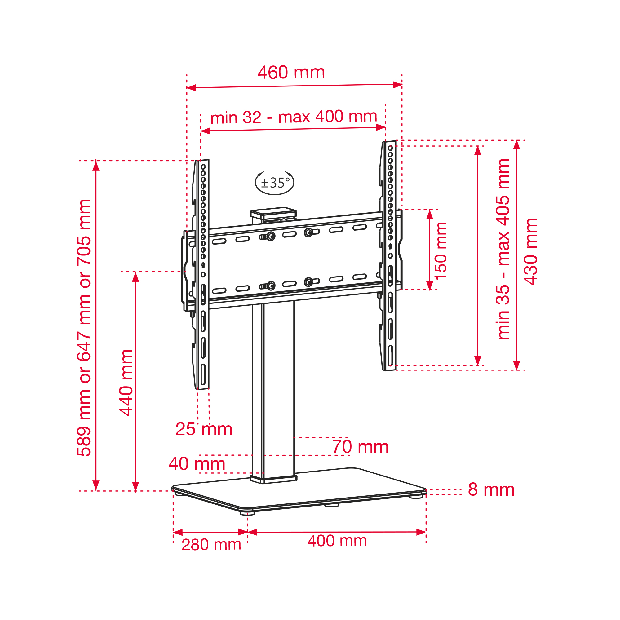 Disegno tecnico di un supporto TV con dimensioni. Il supporto ha una base, un palo e bracci regolabili.