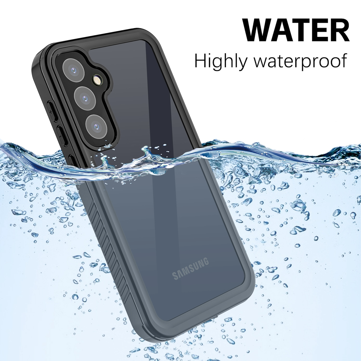 Eine schwarze Handyhülle, die in Wasser getaucht ist. Die Hülle hat eine transparente Rückseite und schwarze Ränder.