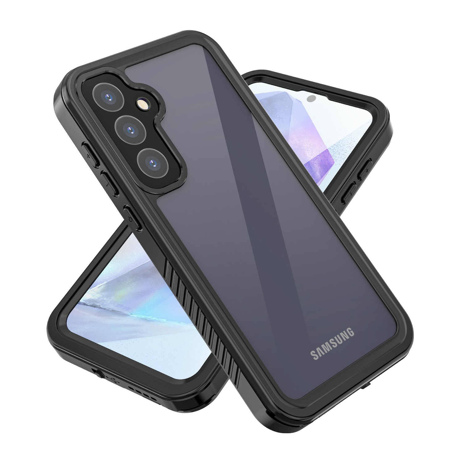 Drei Handyhüllen, schwarz, mit durchsichtiger Rückseite. Sie sind angewinkelt und zeigen das Samsung-Logo.