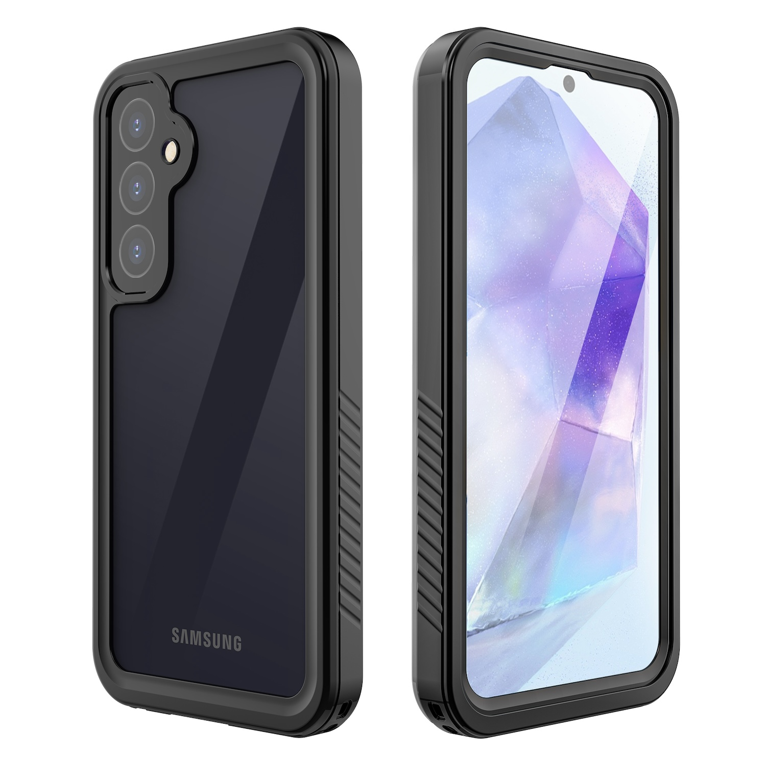 Schwarze Handyhülle, zwei Ansichten, zeigt Telefon und Rückseite.