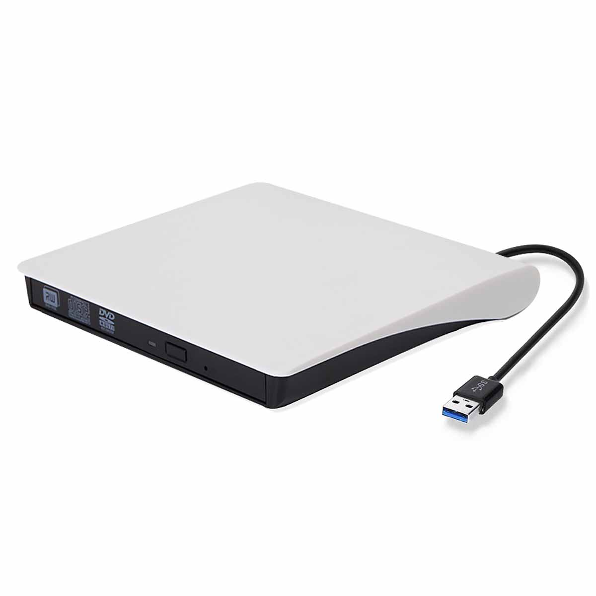 Weißes und schwarzes externes DVD-Laufwerk. Schwarzes USB-Kabel angeschlossen. DVD-Logo auf der Vorderseite.