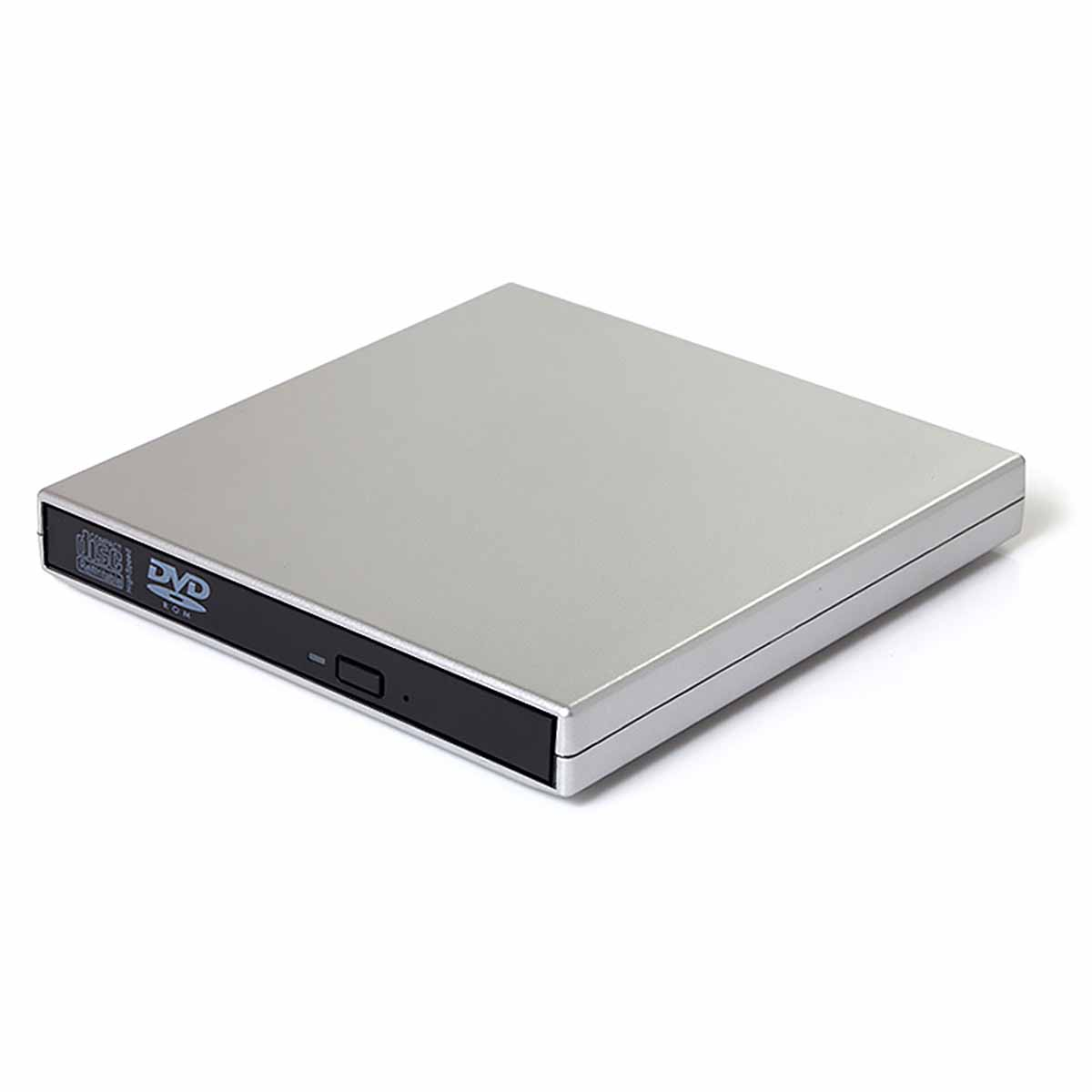 Silbernes externes DVD-Laufwerk. Schwarzer Rand. Die obere Oberfläche ist flach und silberfarben. Weißer Hintergrund.
