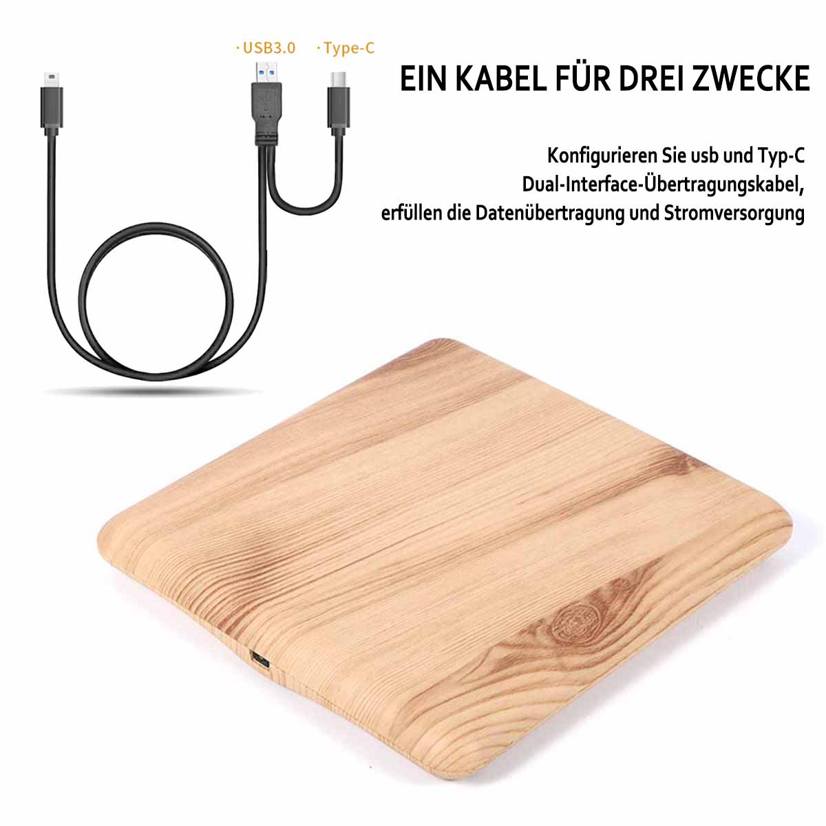 Ein hölzernes Ladepad mit angeschlossenem USB- und Typ-C-Kabel. Text weist auf die Mehrfachverwendung hin.