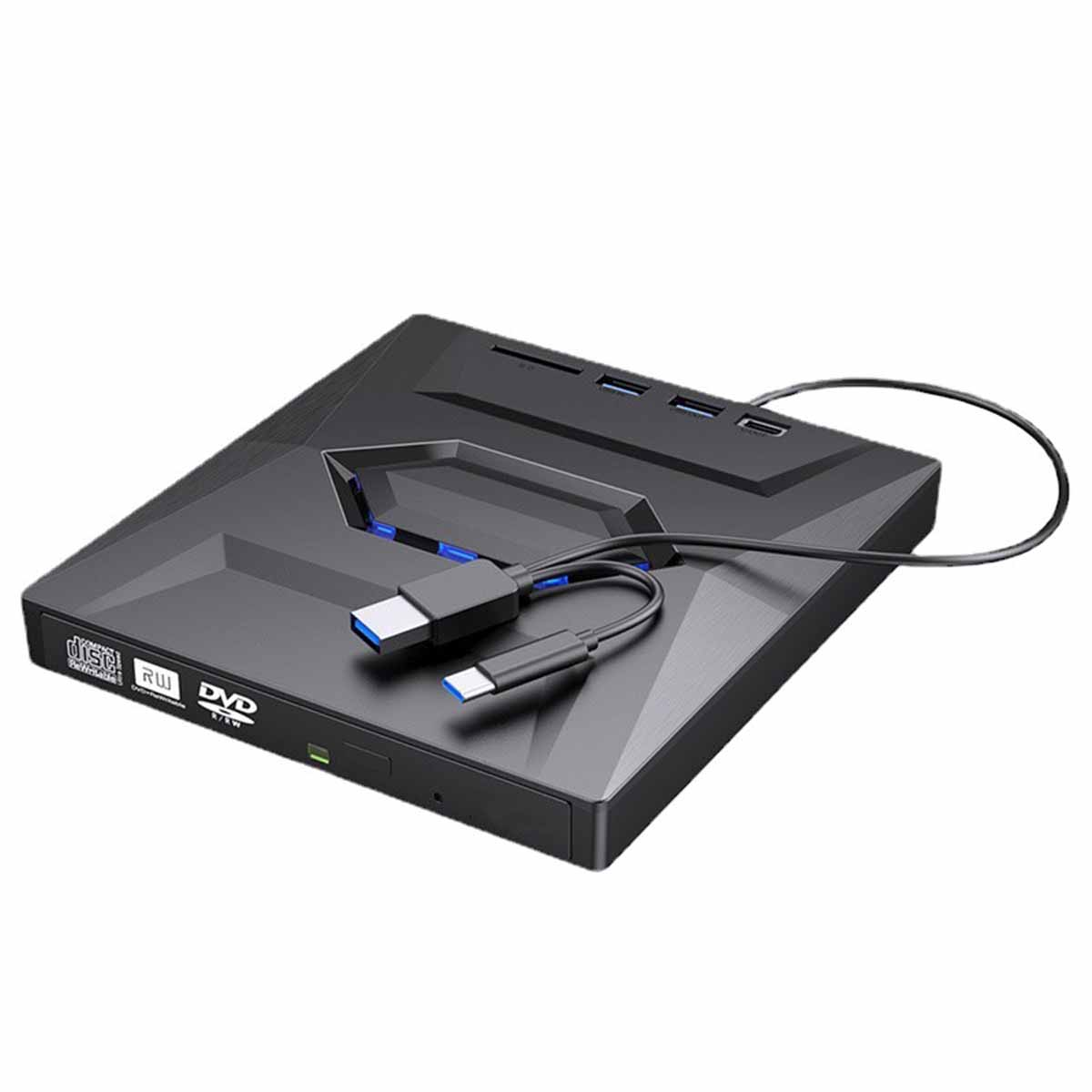 Ein schwarzer DVD-Player mit USB-Anschlüssen und einem schwarzen USB-Kabel. Das Design ist eckig und modern.