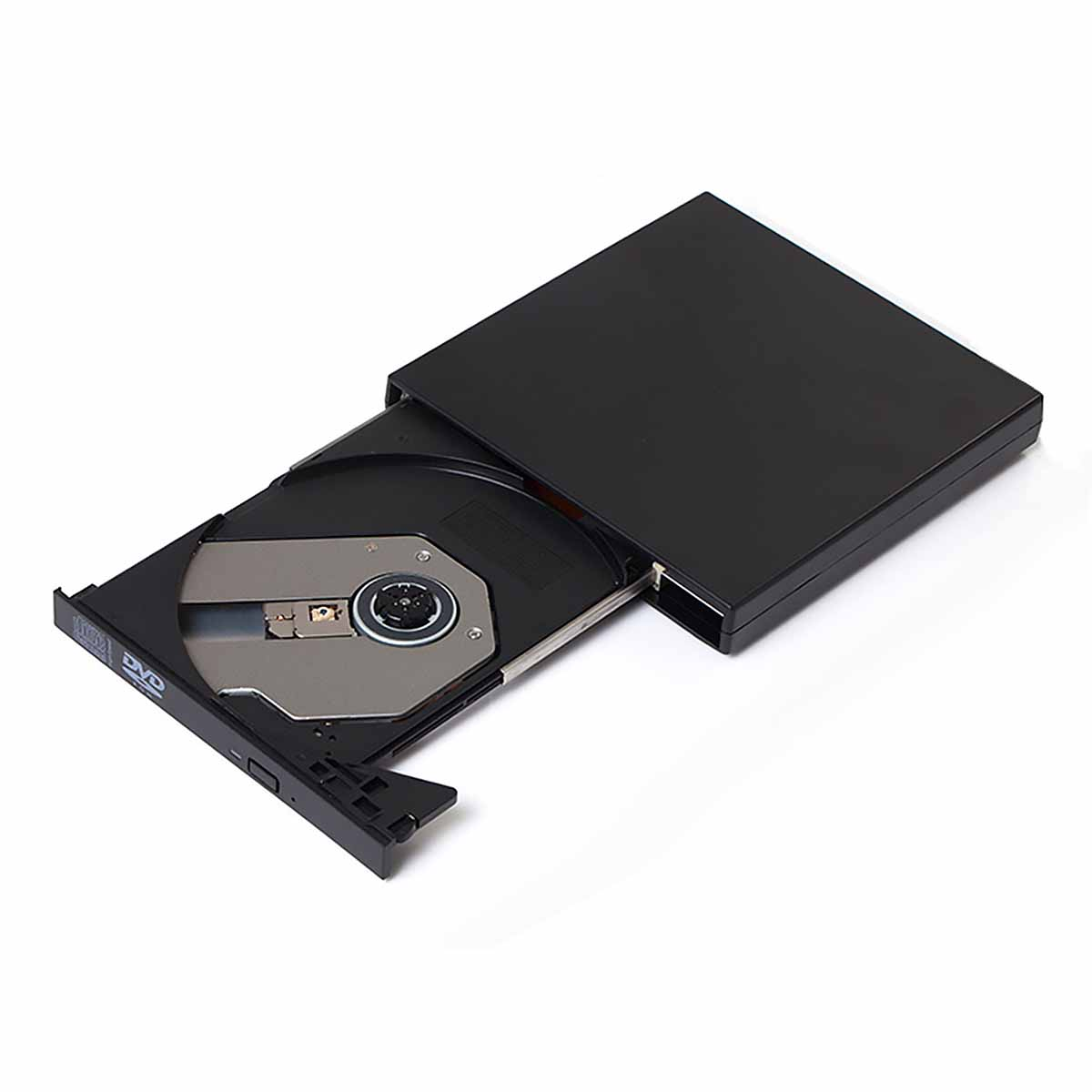 Ein schwarzes DVD-Laufwerk ist geöffnet. Das Laufwerk ist ausgefahren, und die DVD ist sichtbar.