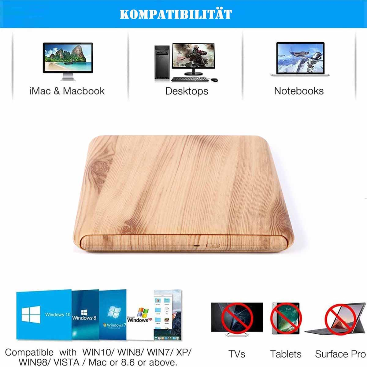 Kompatibilität mit iMac, Desktops, Notebooks. Windows-Support. Keine Tablets.