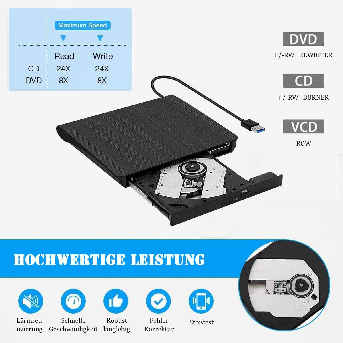 Ein externes DVD/CD-Laufwerk mit CD- und DVD-Symbolen. Es ist über ein Kabel mit einem schwarzen Laptop verbunden.