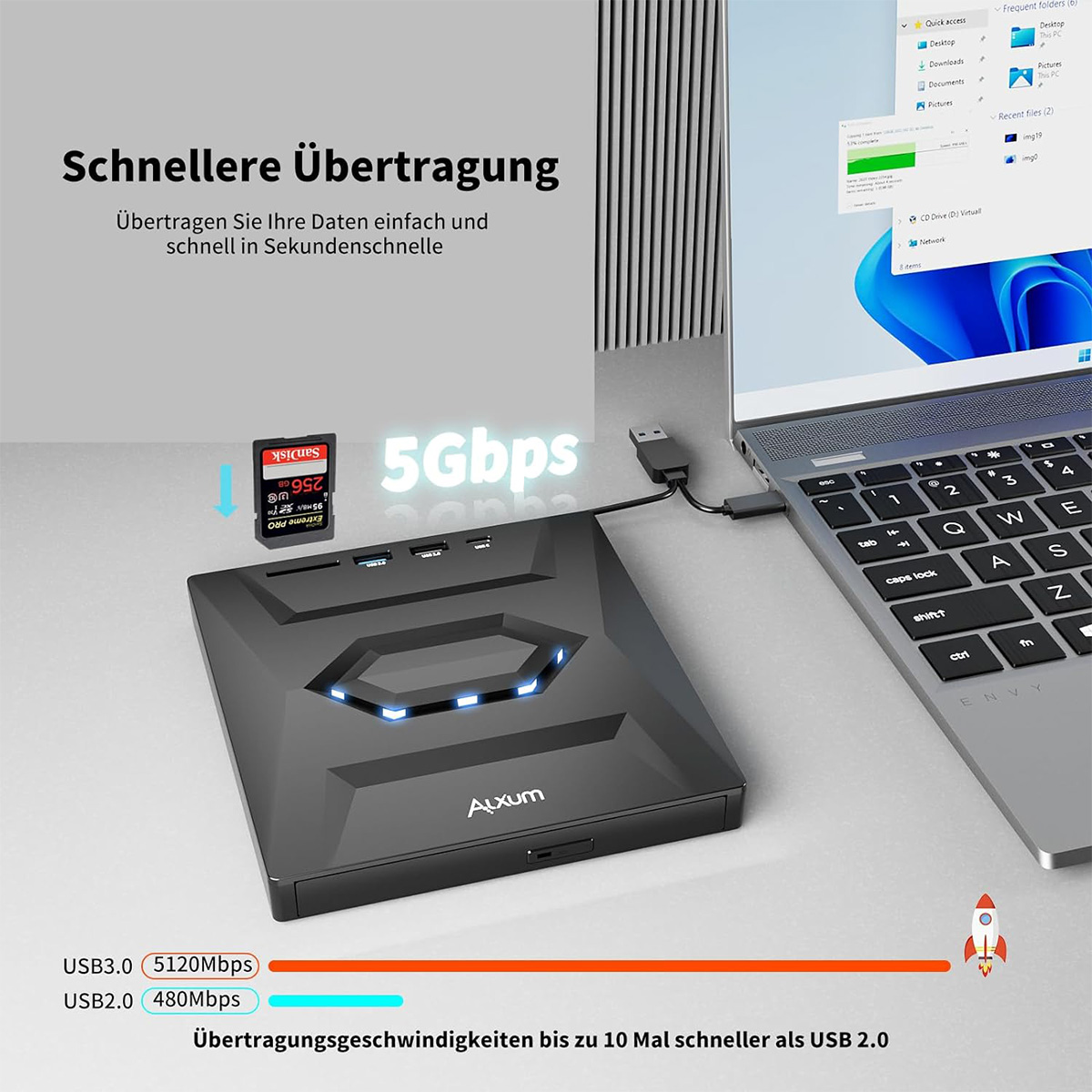 Schwarzer Hub mit SD-Karte und USB-Anschlüssen. Laptop verbunden. Text: 5 Gbit/s, bis zu 10x schneller.