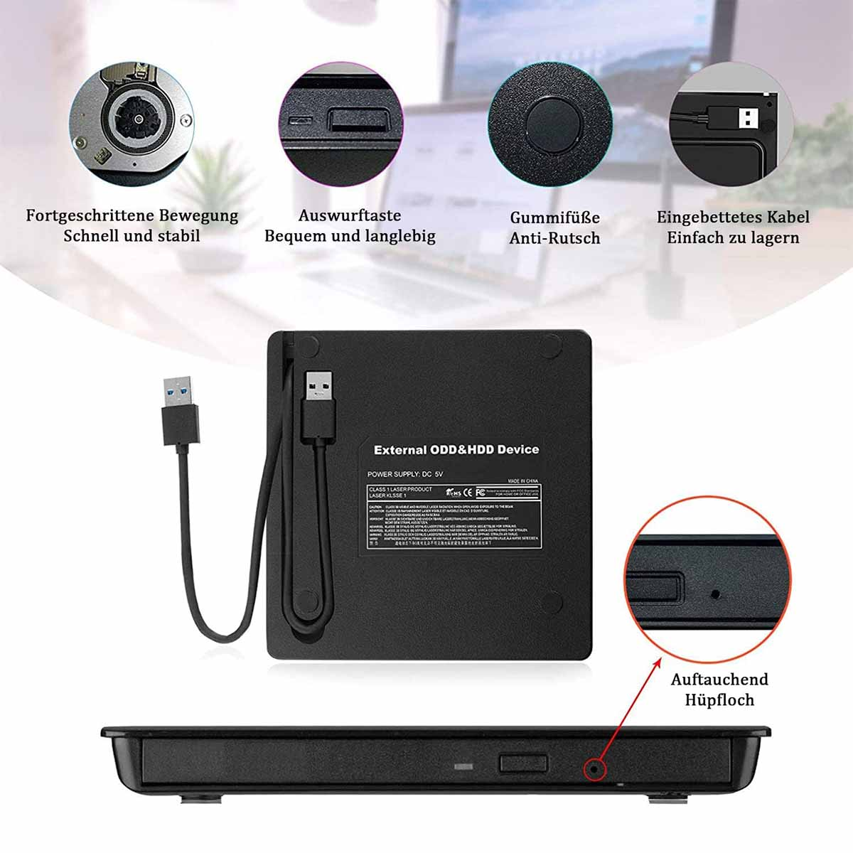 Schwarzes externes ODD & HDD-Gerät. Enthält ein USB-Kabel und wird von Diagrammen umgeben.