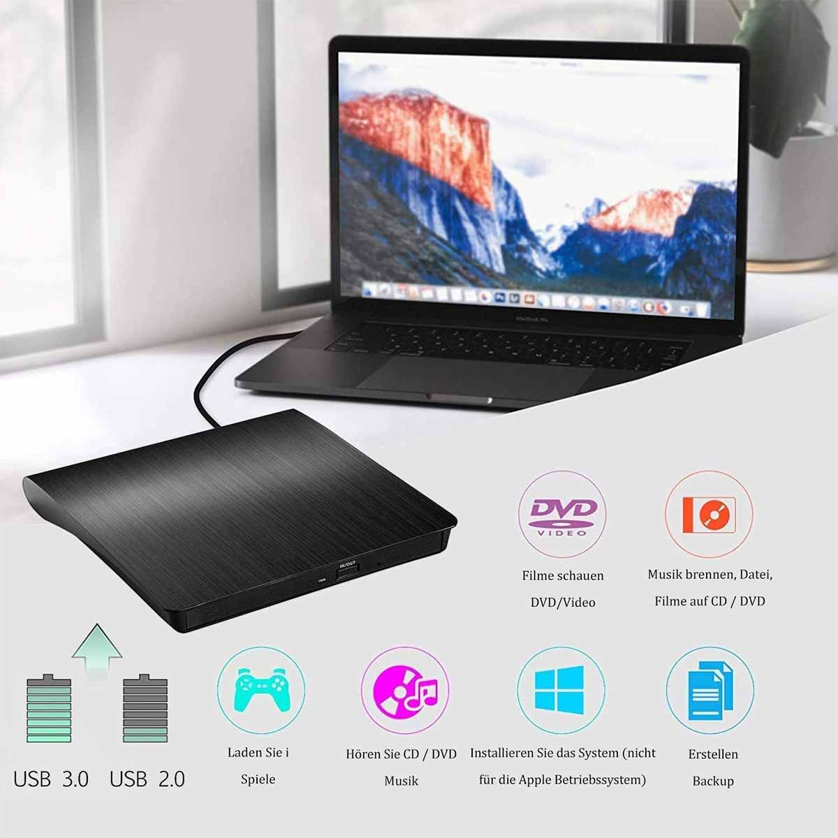Ein externes DVD/CD-Laufwerk und ein Laptop. Das Laufwerk ist über ein Kabel mit dem Laptop verbunden.