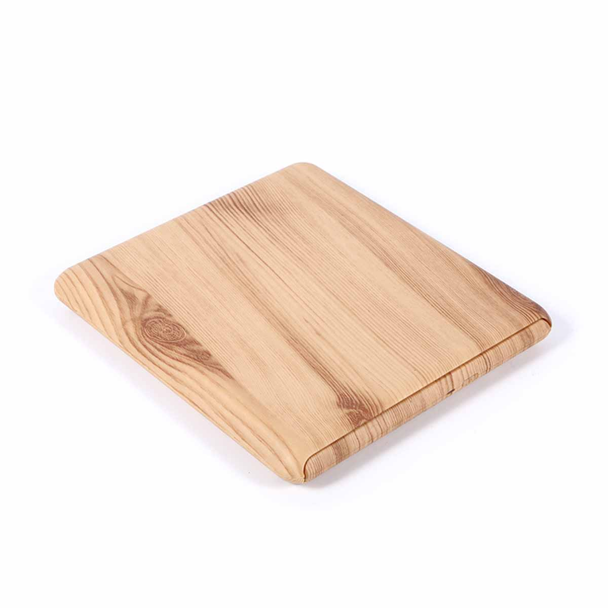 Holz Schneidebrett mit abgerundeten Ecken, hellbraune Farbe, und Holzmaserung.