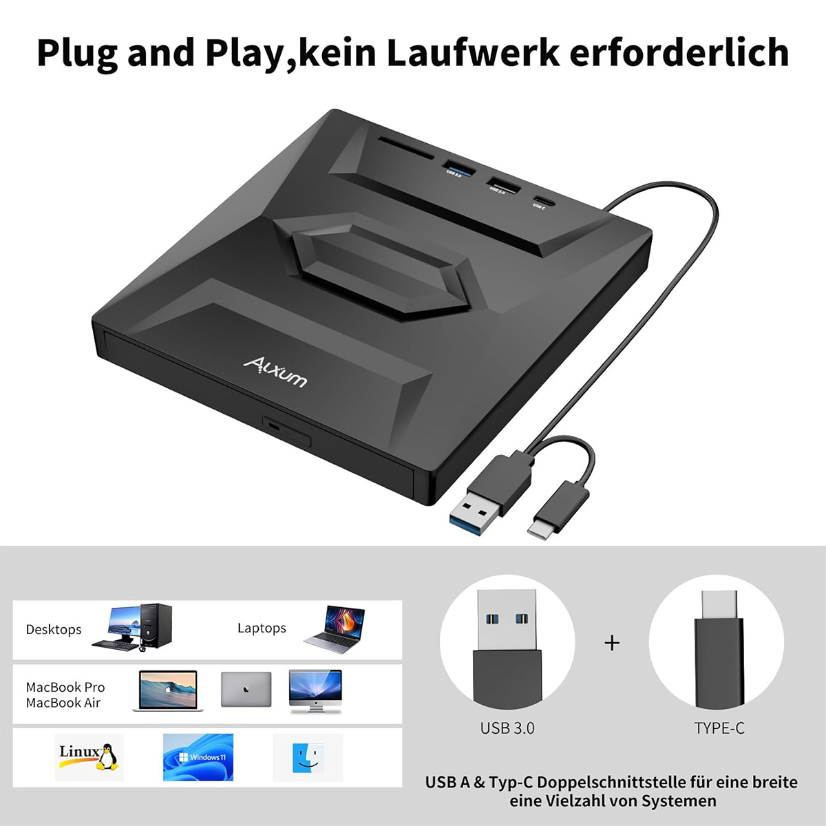 Schwarzes quadratisches Gerät mit USB-Anschlüssen und einem USB-Kabel.