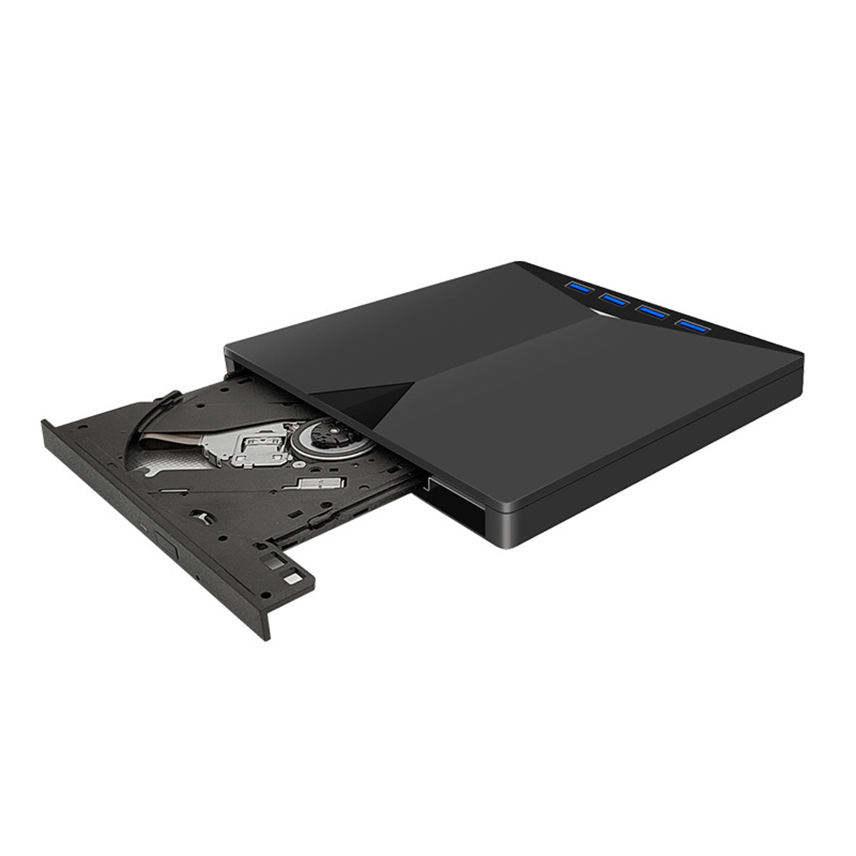 Schwarzes externes DVD-Laufwerk mit offenem Fach und blauen USB-Anschlüssen, auf weißem Hintergrund.