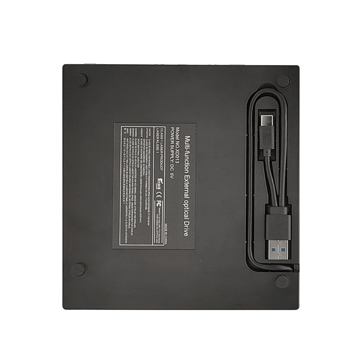Schwarzes externes optisches Laufwerk mit USB-Kabel und Produktinfo.