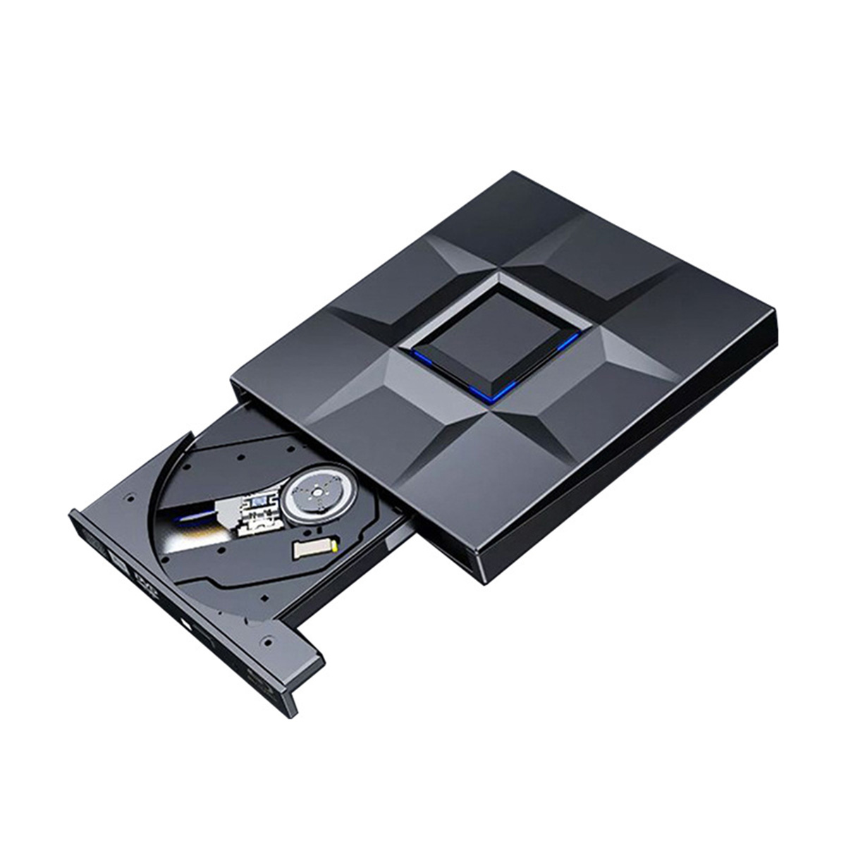Ein hellblaues Tablet mit einem blauen abstrakten Design auf dem Bildschirm, die Rückseite ist sichtbar.