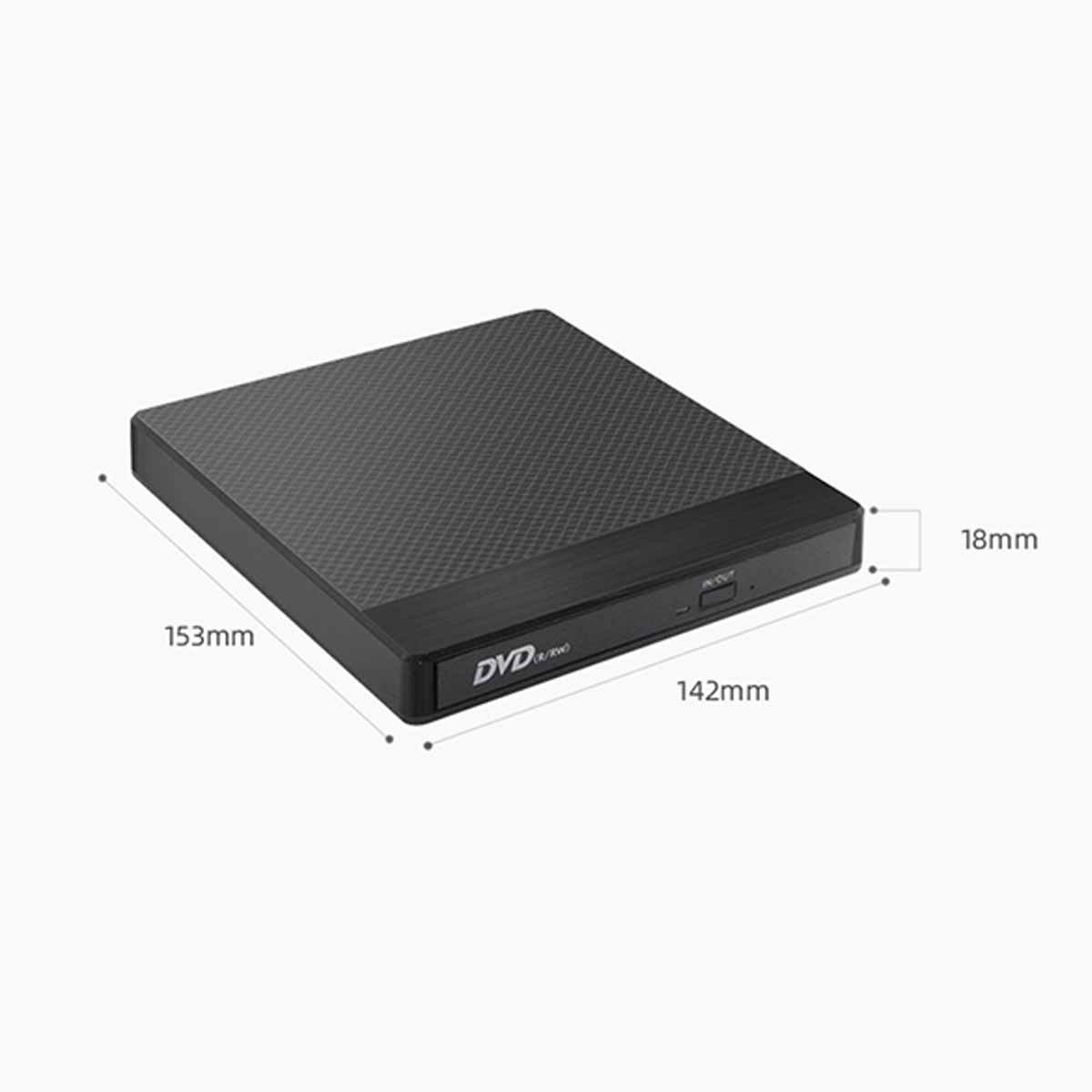 Schwarzes DVD/RW-Laufwerk. Abmessungen: 153 mm lang, 142 mm breit und 18 mm dick.