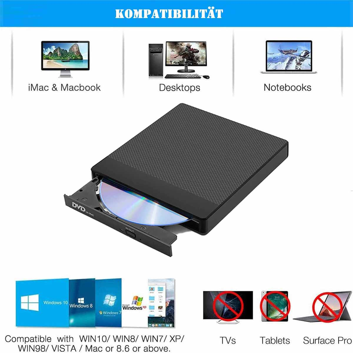 Ein schwarzes DVD-Laufwerk mit einer Disc darin. Kompatible Geräte werden mit Logos angezeigt, einschließlich iMac und Desktops.